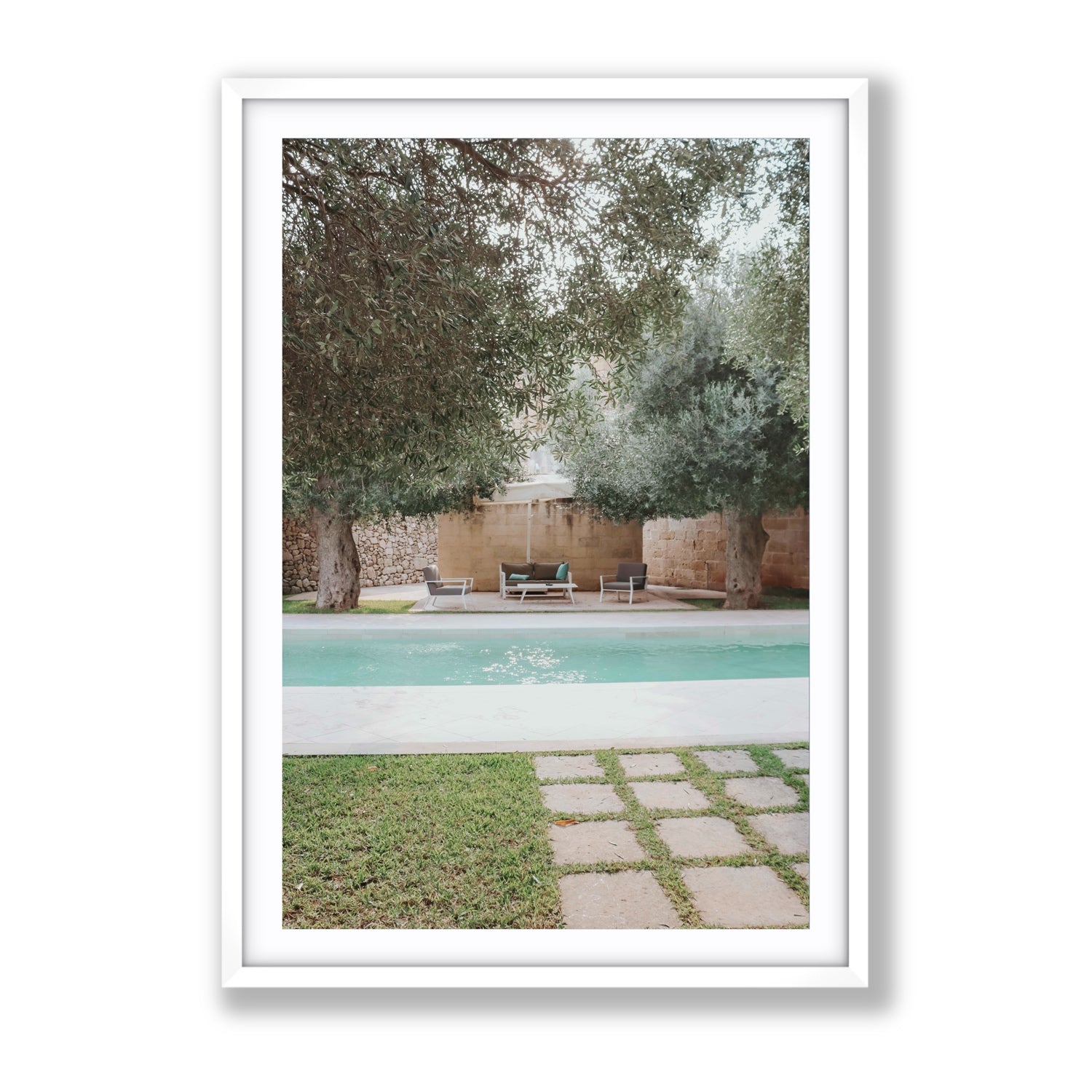 Idyllic Escape Puglia Mediterranean wall art Gallery fine art print in white frame with matboard