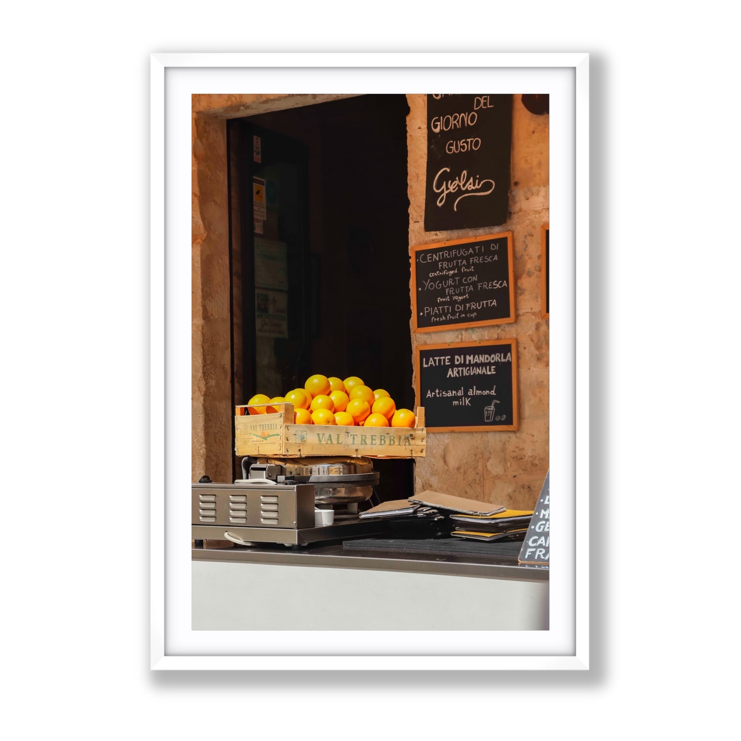 Luminous Citrus Puglia Ostuni Italian wall art Gallery fine art print in white frame with matboard