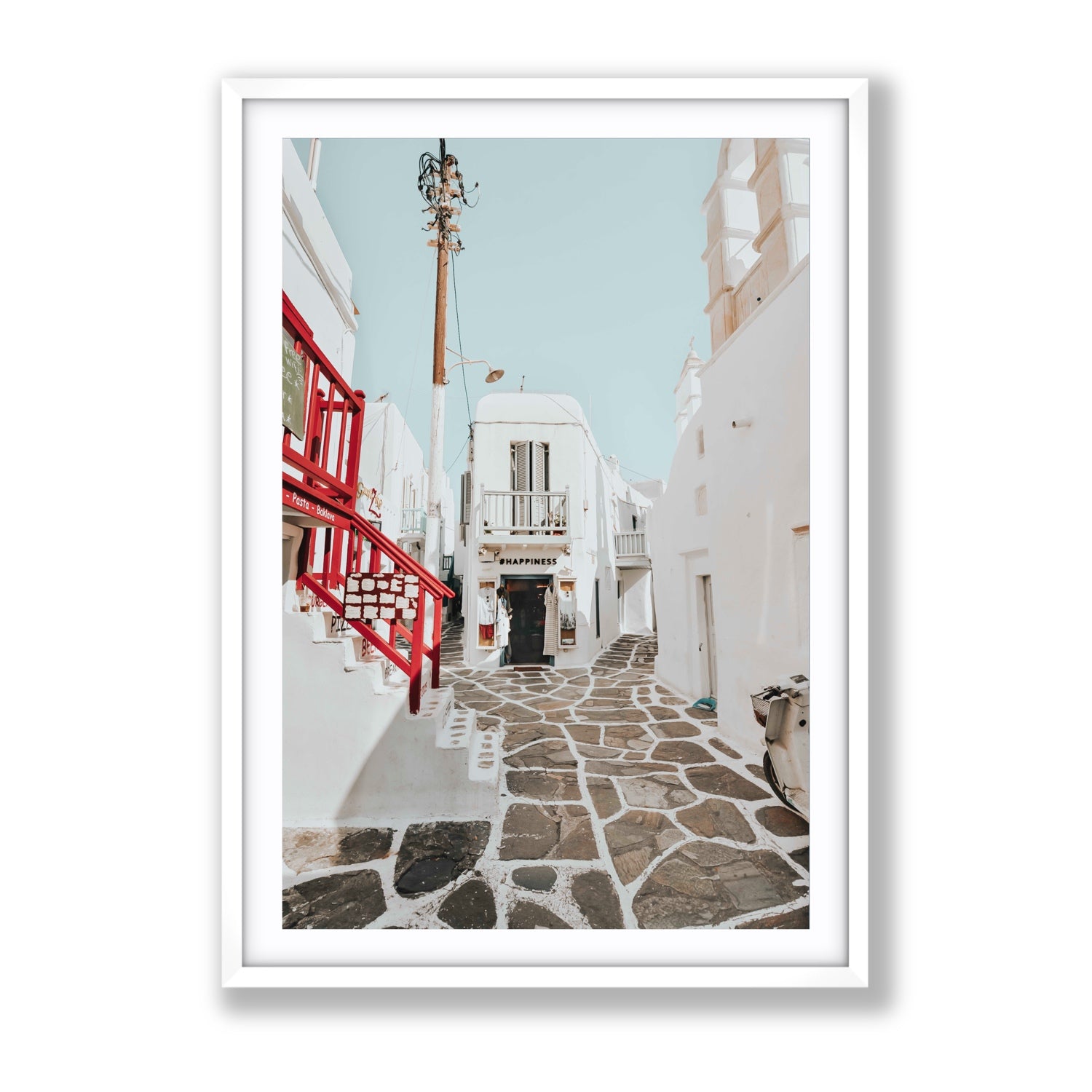 Happiness Mykonos Greek island wall art Gallery fine art print in white frame with matboard