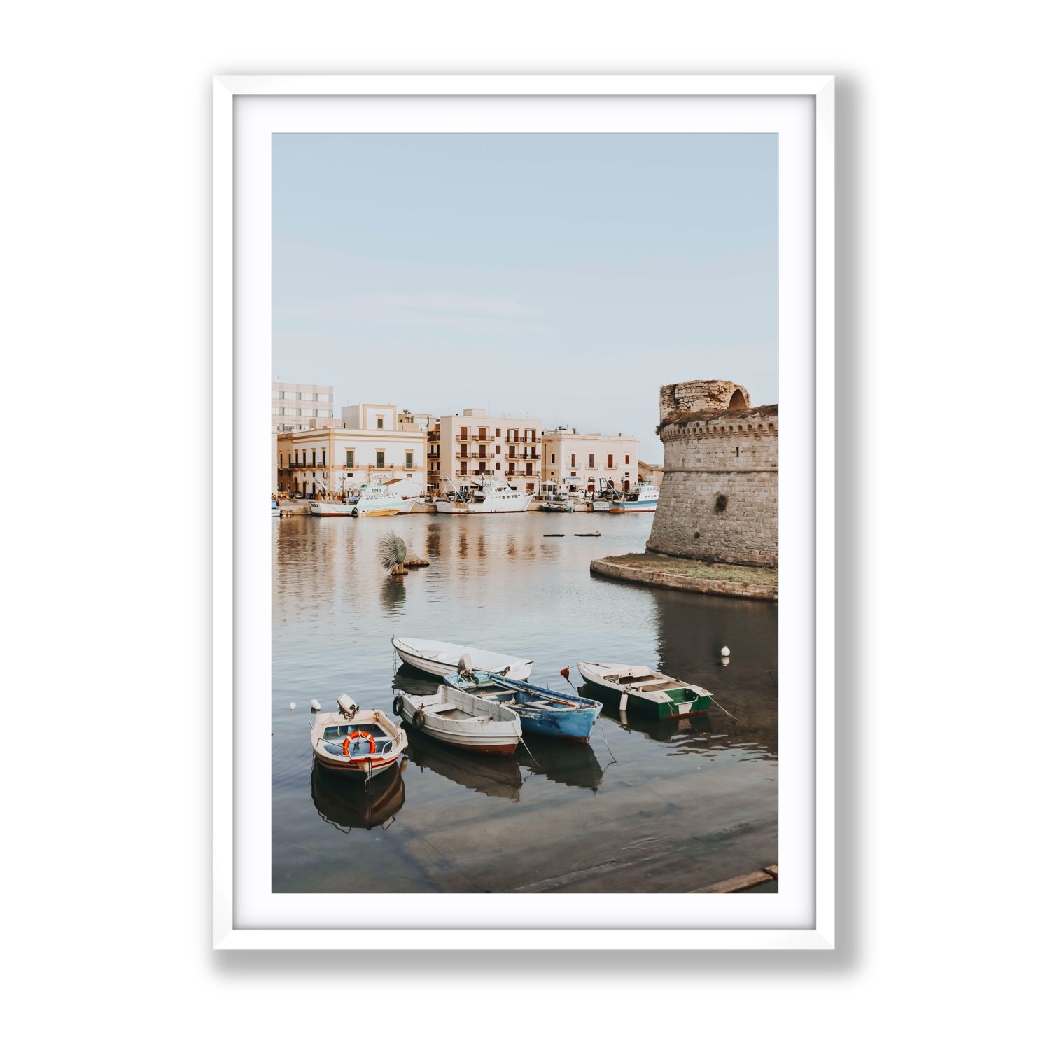 Gallipoli Harbour Puglia coastal wall art Gallery fine art print in white frame with matboard