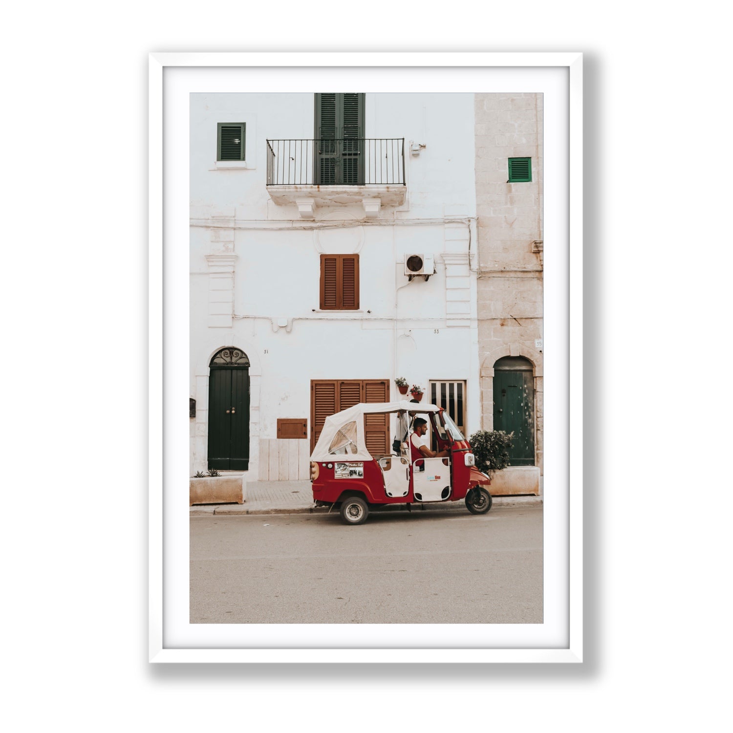 Groovy Piaggio Puglia Italian wall art Gallery fine art print in white frame with matboard