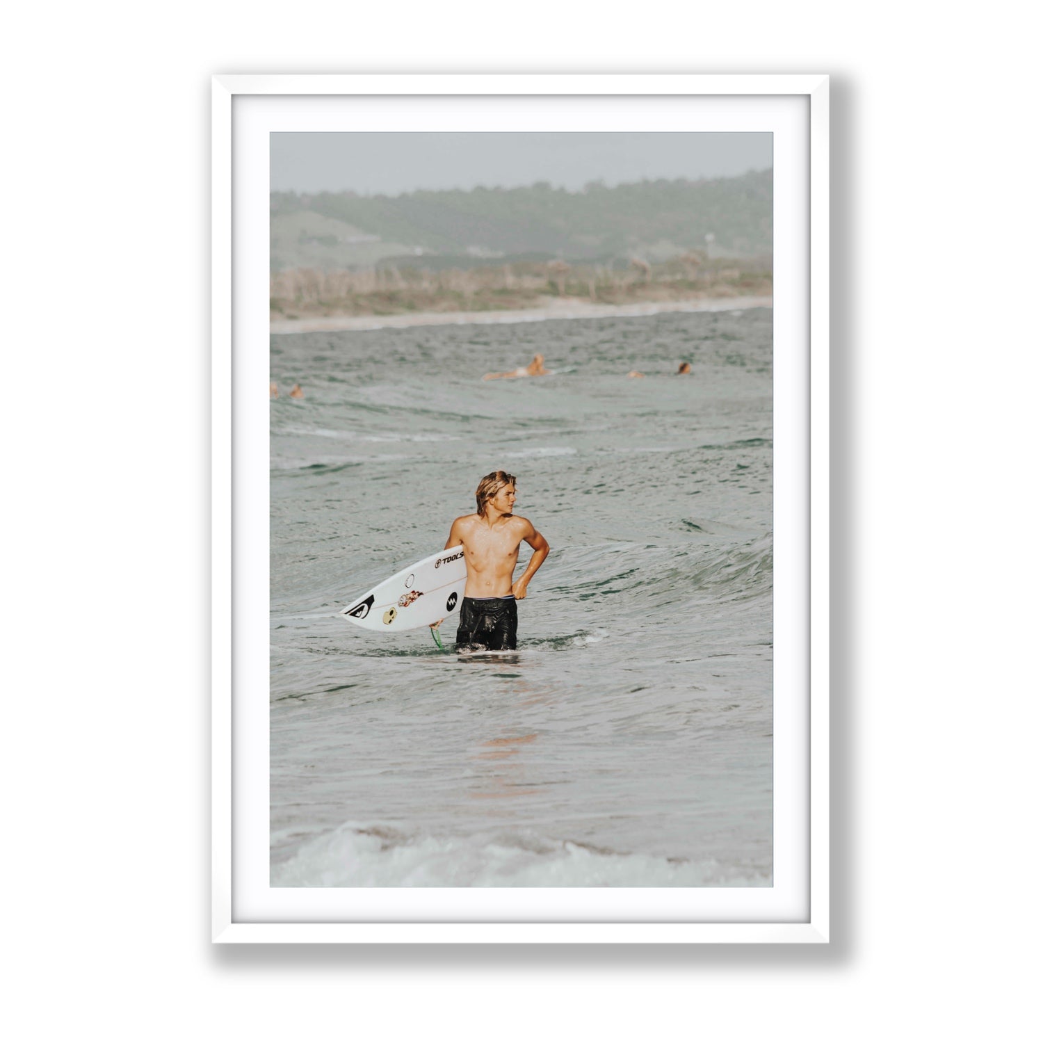Chasing Mavericks Byron Bay Surf coastal wall art Gallery fine art print in white frame with matboard