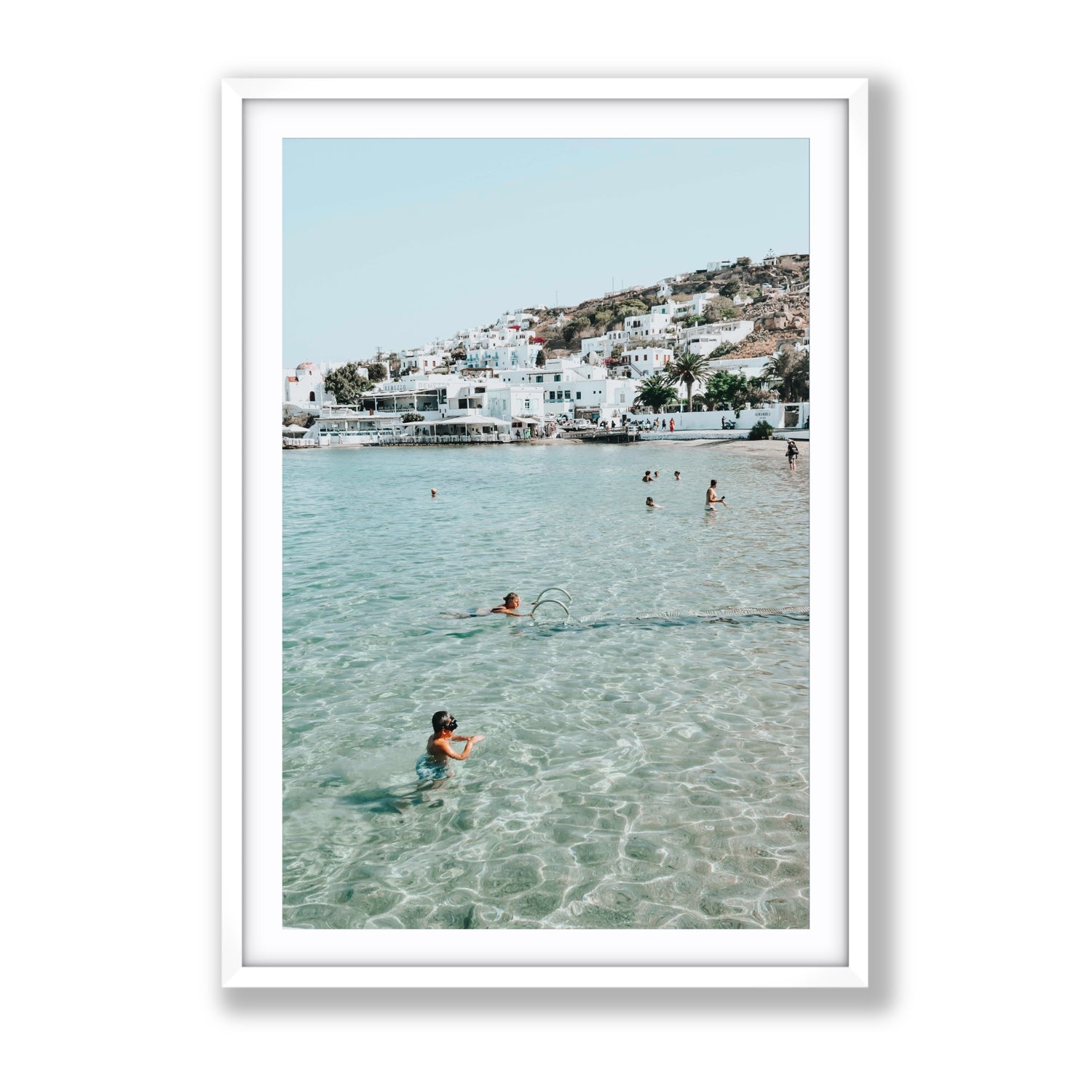 Beside The Seaside Mykonos beach Greek island wall art Gallery fine art print in white frame with matboard