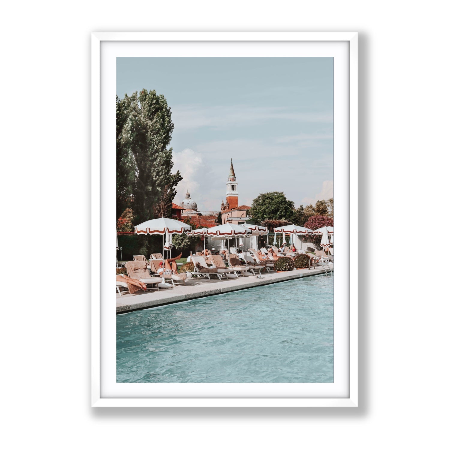 Poolside Perch Venice Italian wall art Gallery fine art print in white frame with matboard