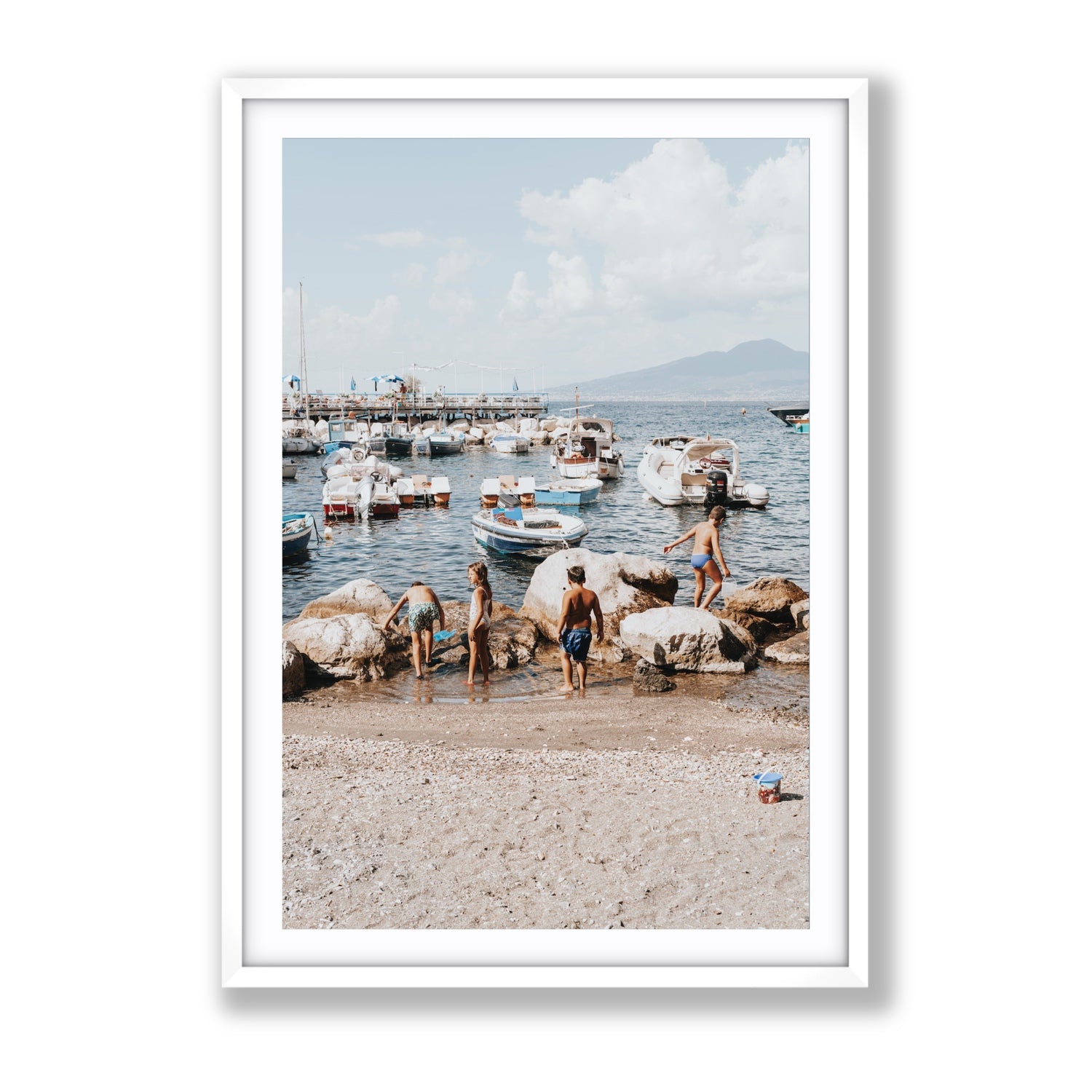 Searching For Treasures Sorrento coastal wall art Gallery fine art print in white frame with matboard