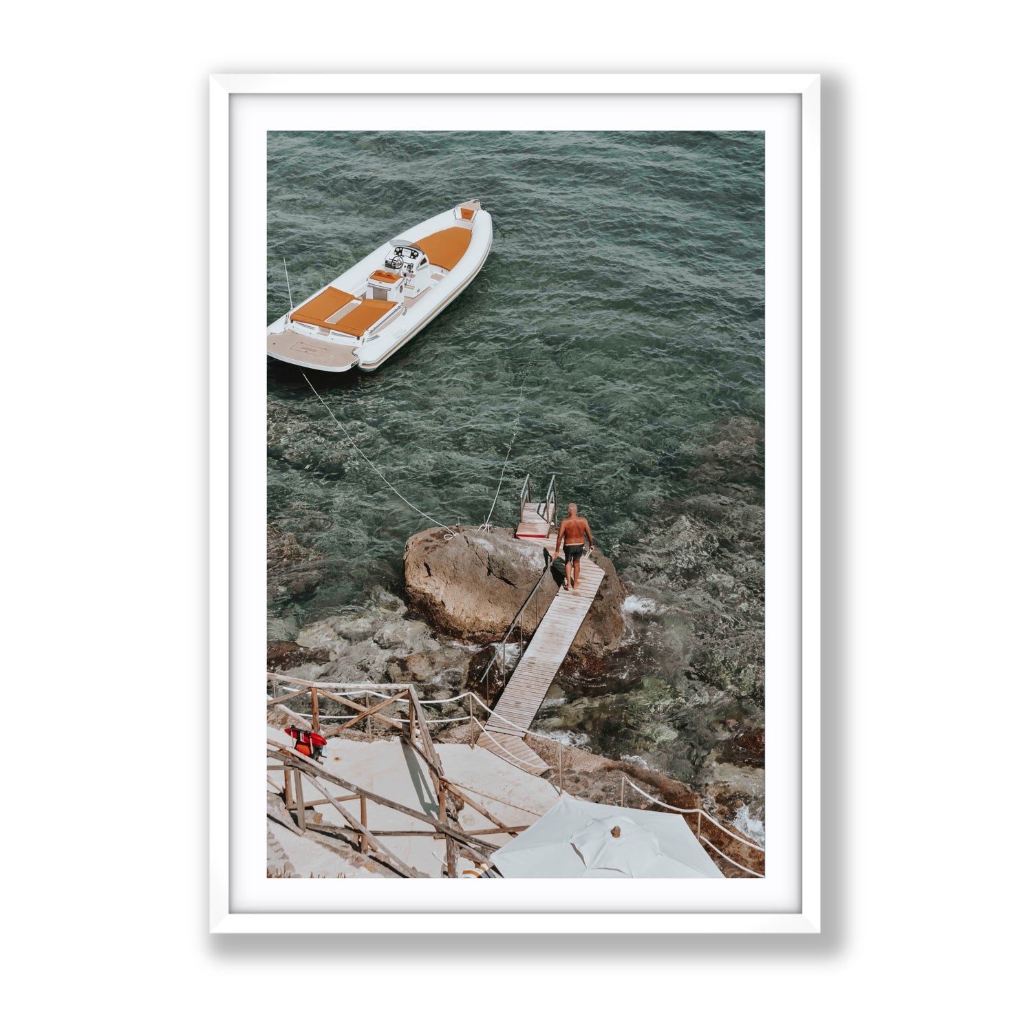 Secret Cove Tuscany coastal Italian wall art Gallery fine art print in white frame with matboard