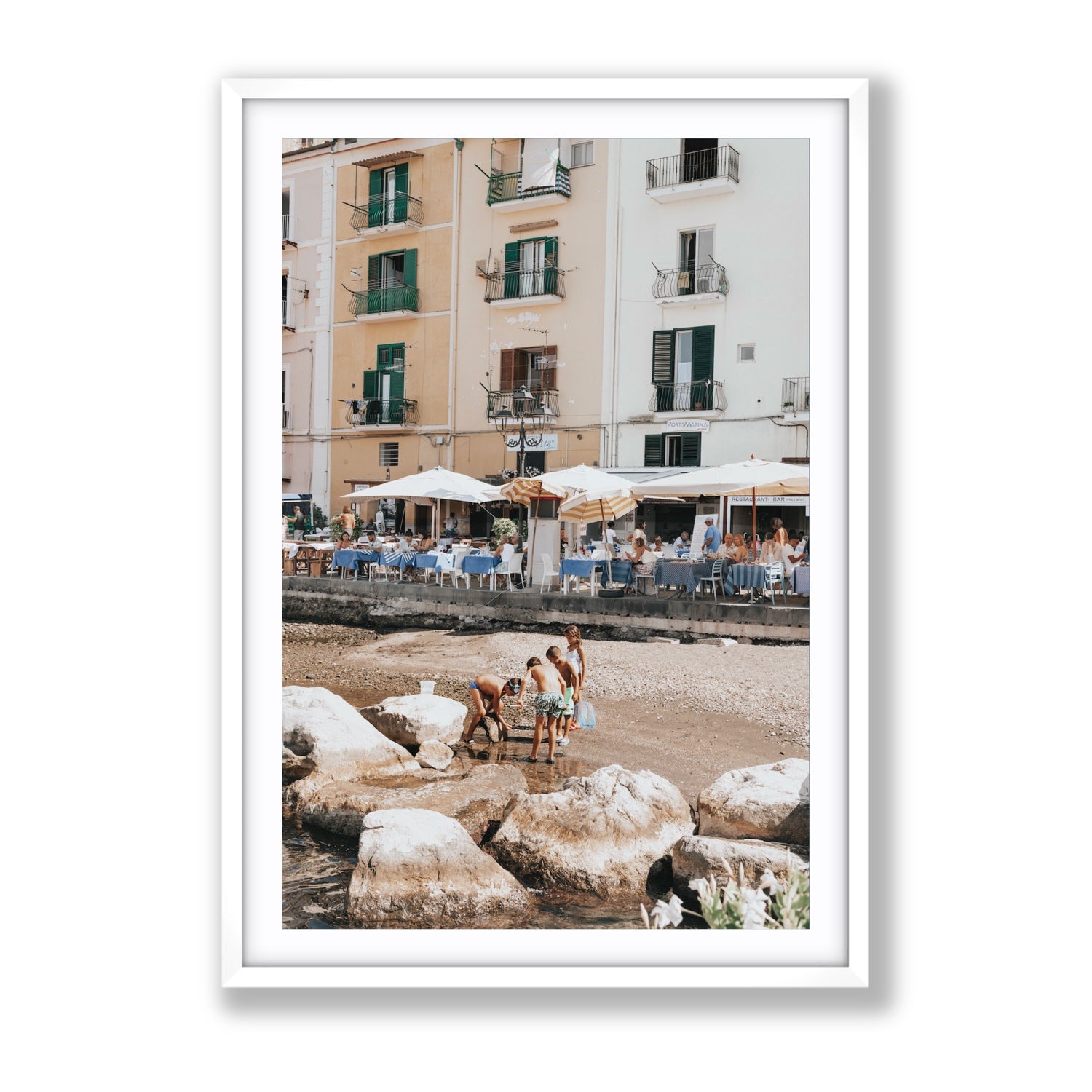 Sunny Playtime Sorrento coastal wall art Gallery fine art print in white frame with matboard