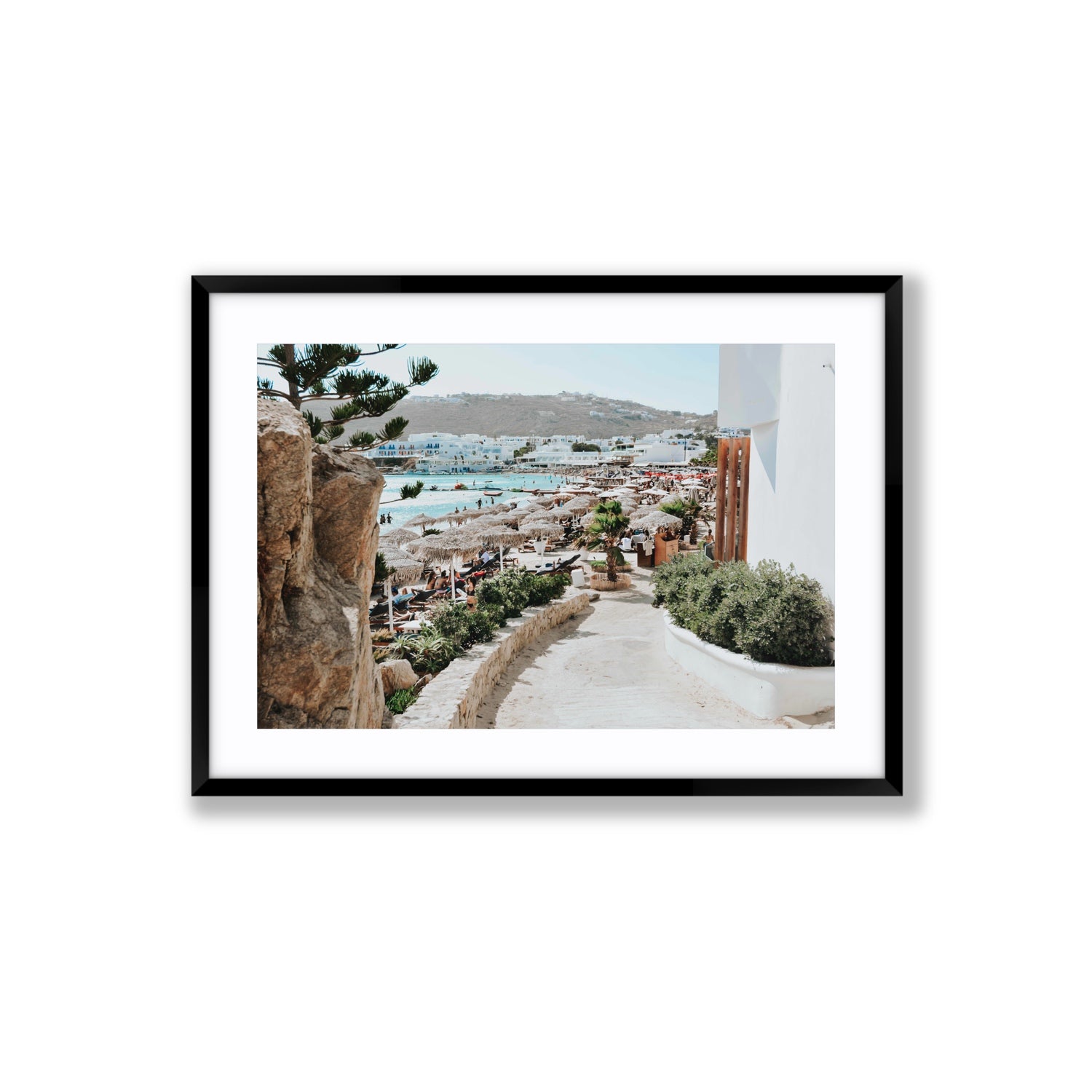 Kalimera Mykonos Greek island wall art Large fine art print in black frame with matboard