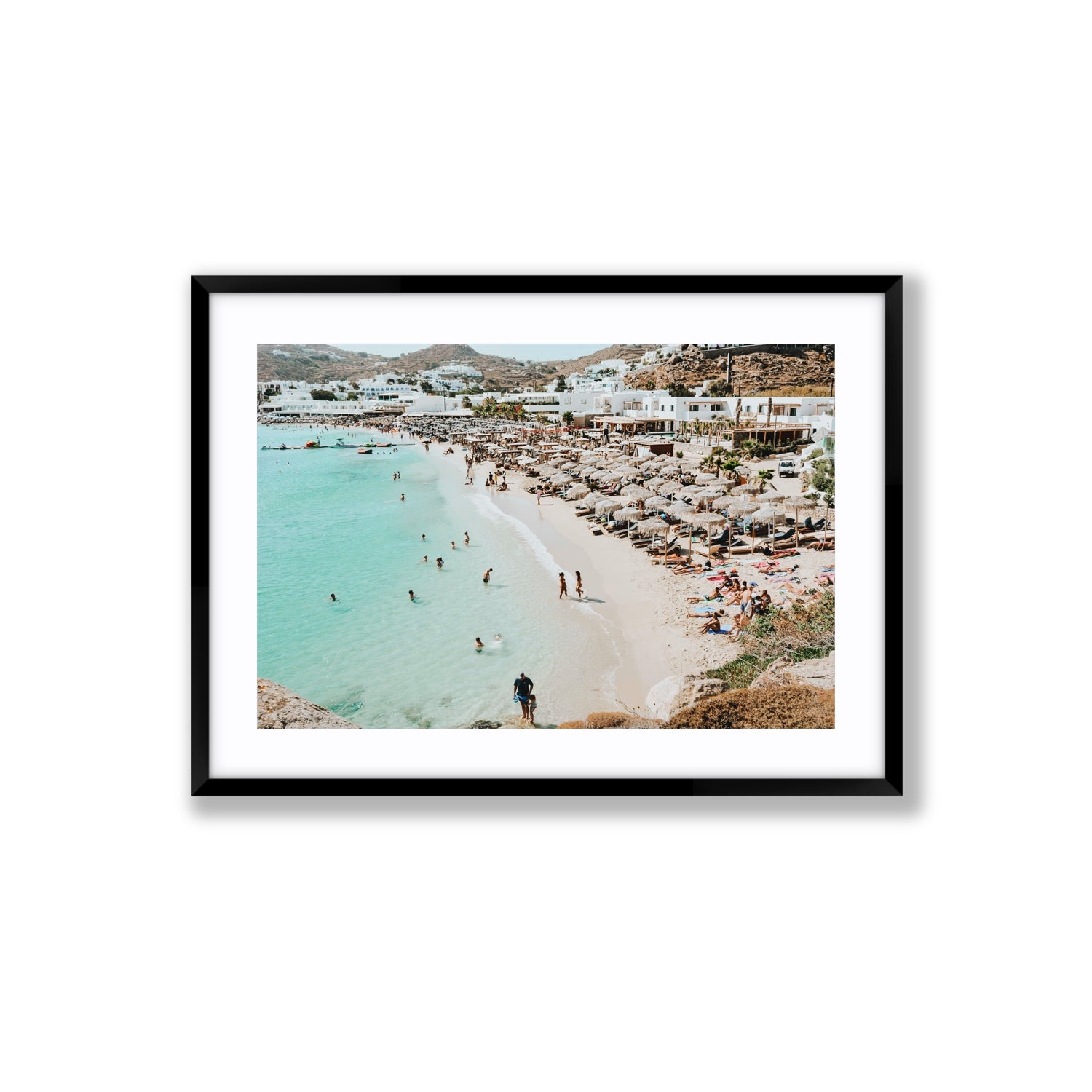 Aquaholic Mykonos Greek island wall art Large fine art print in black frame with matboard
