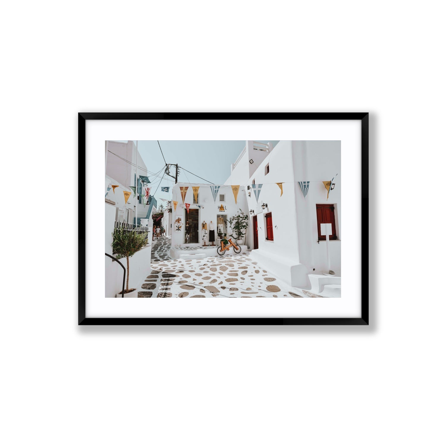 Cruising The Streets Mykonos Greek island wall art Large fine art print in black frame with matboard
