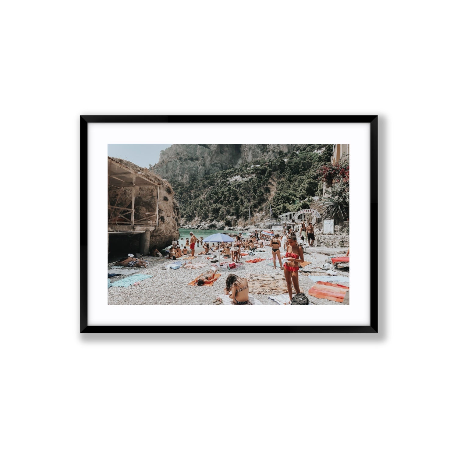Spiaggia Da Gioia Capri beach coastal wall art Large fine art print in black frame with matboard