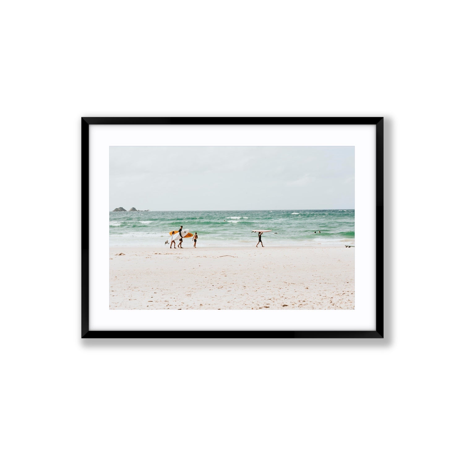 La Famiglia Byron Bay Family Surf coastal wall art Large fine art print in black frame with matboard