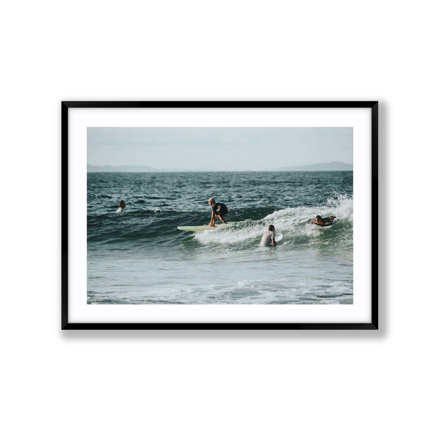The Boys of Summer Byron Bay Surf coastal wall art Extra Large fine art print in black frame with matboard