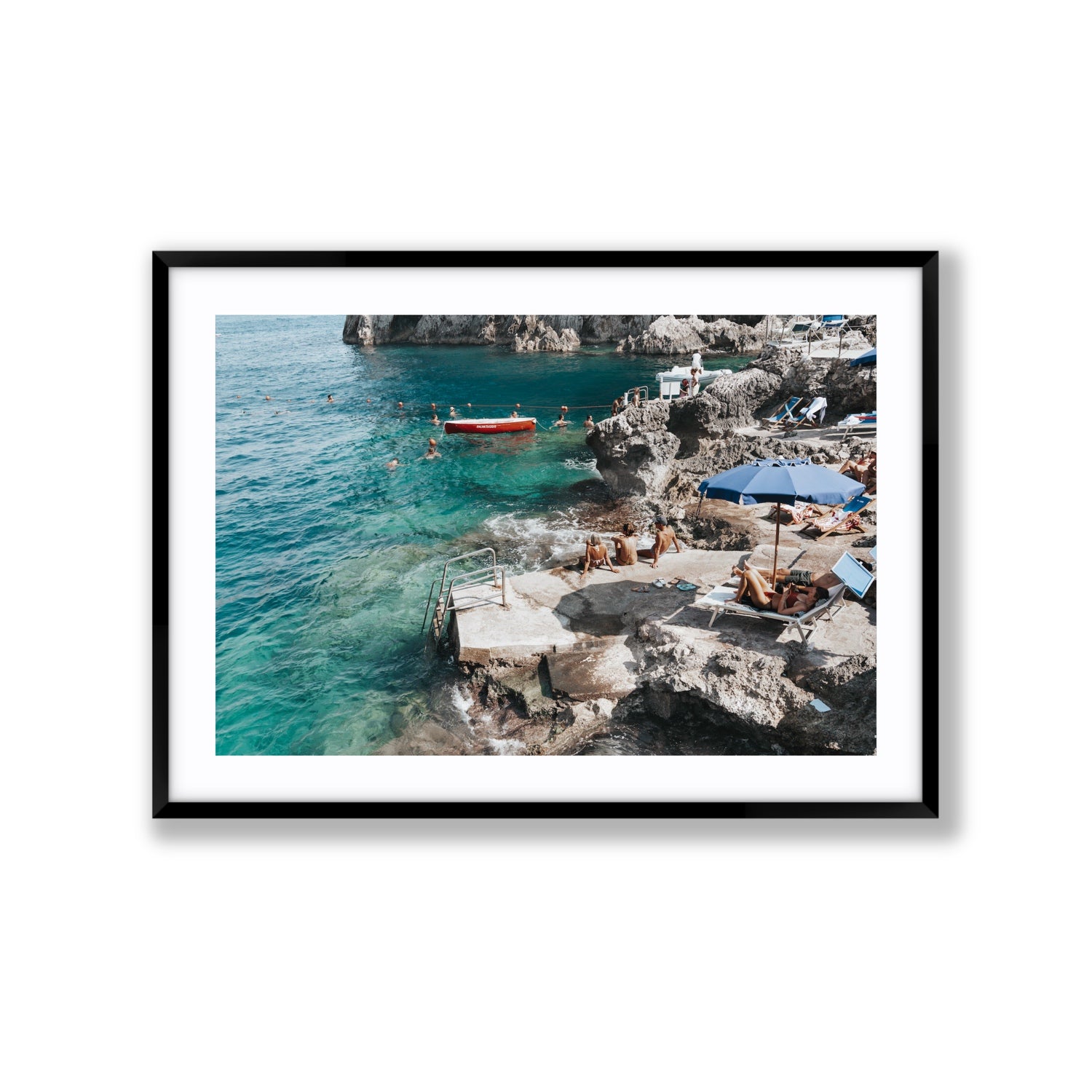 Serenity By The Sea Capri Mediterranean wall art Extra Large fine art print in black frame with matboard