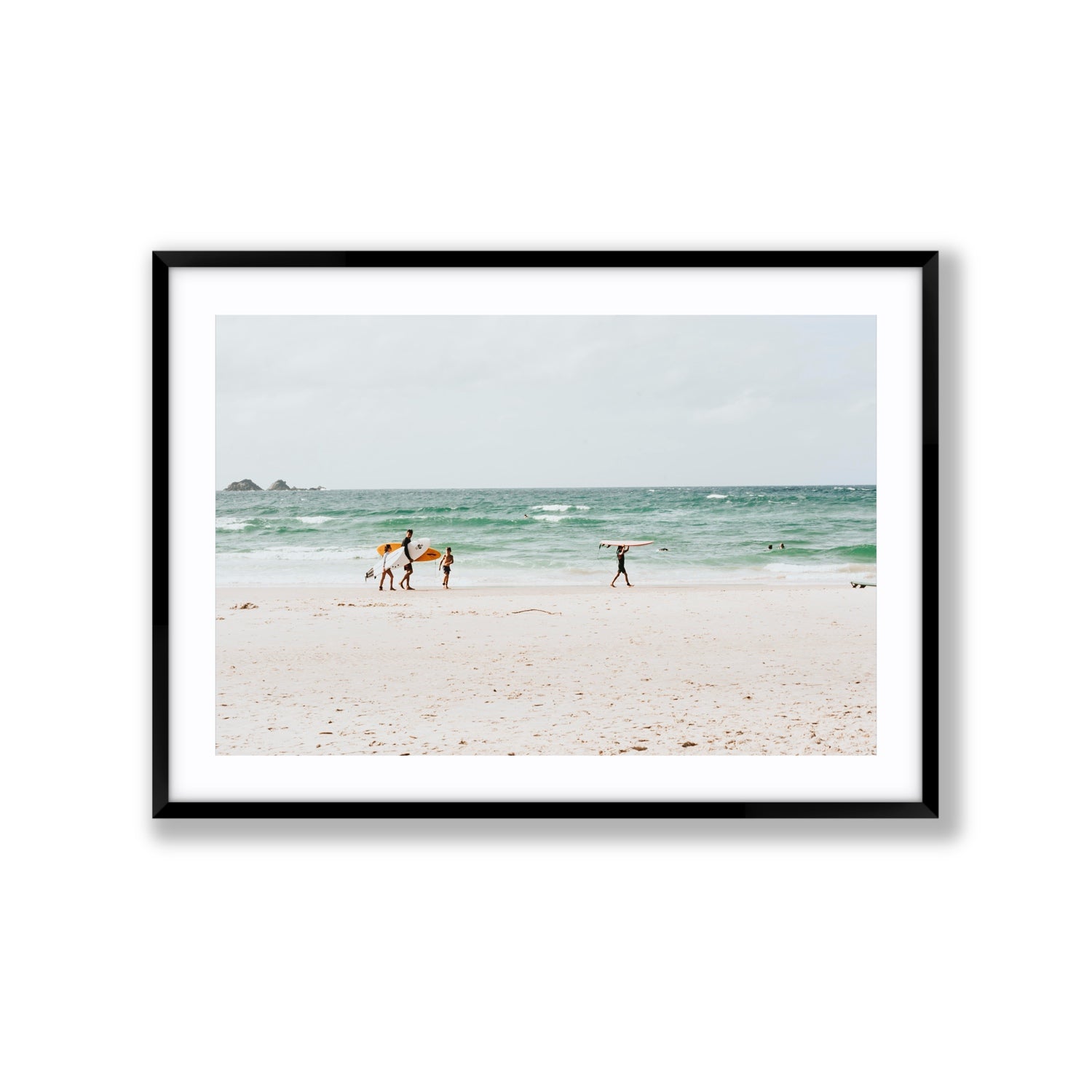 La Famiglia Byron Bay Family Surf coastal wall art Extra Large fine art print in black frame with matboard