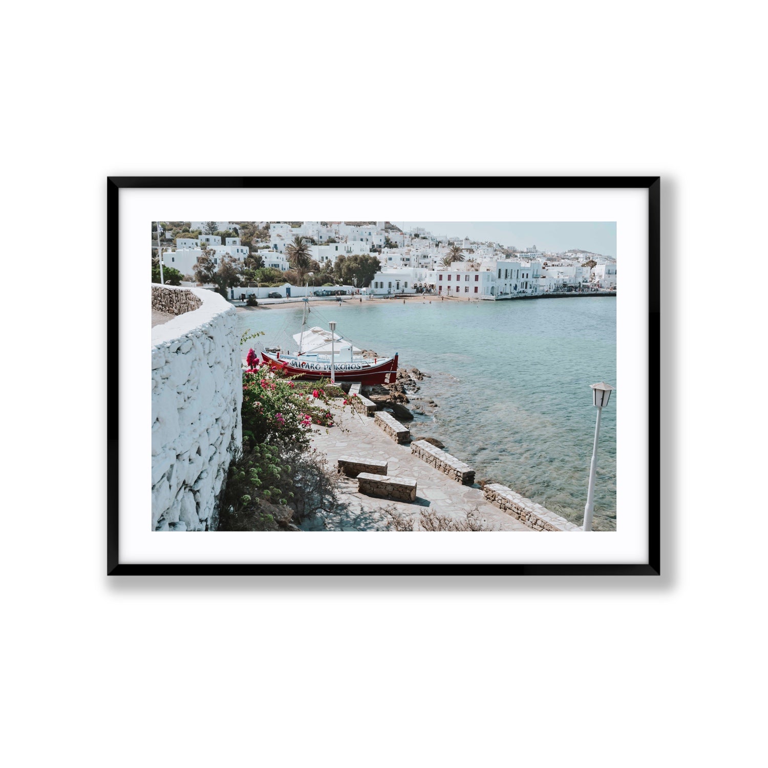 Harika Mykonos Greek island wall art Extra Large fine art print in black frame with matboard