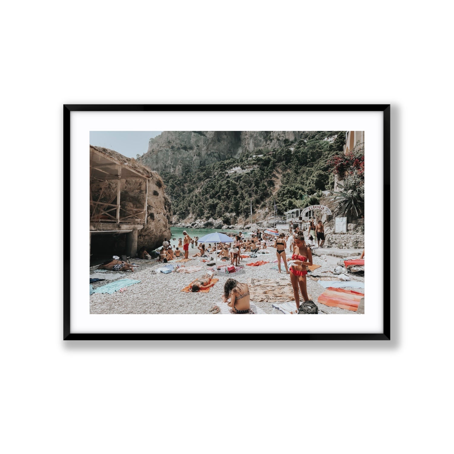 Spiaggia Da Gioia Capri beach coastal wall art Extra Large fine art print in black frame with matboard