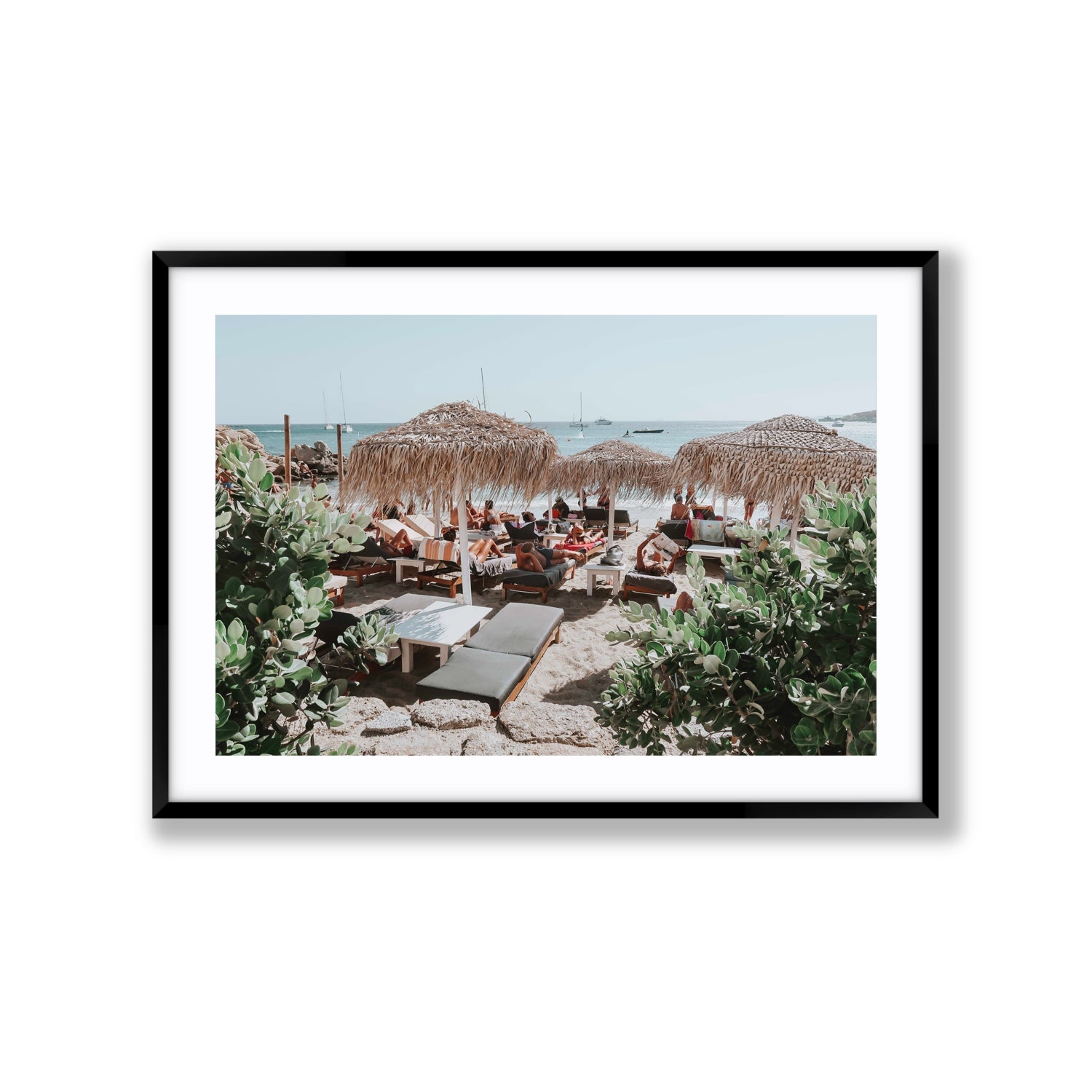 Greek Haven Mykonos Greek island coastal wall art Extra Large fine art print in black frame with matboard