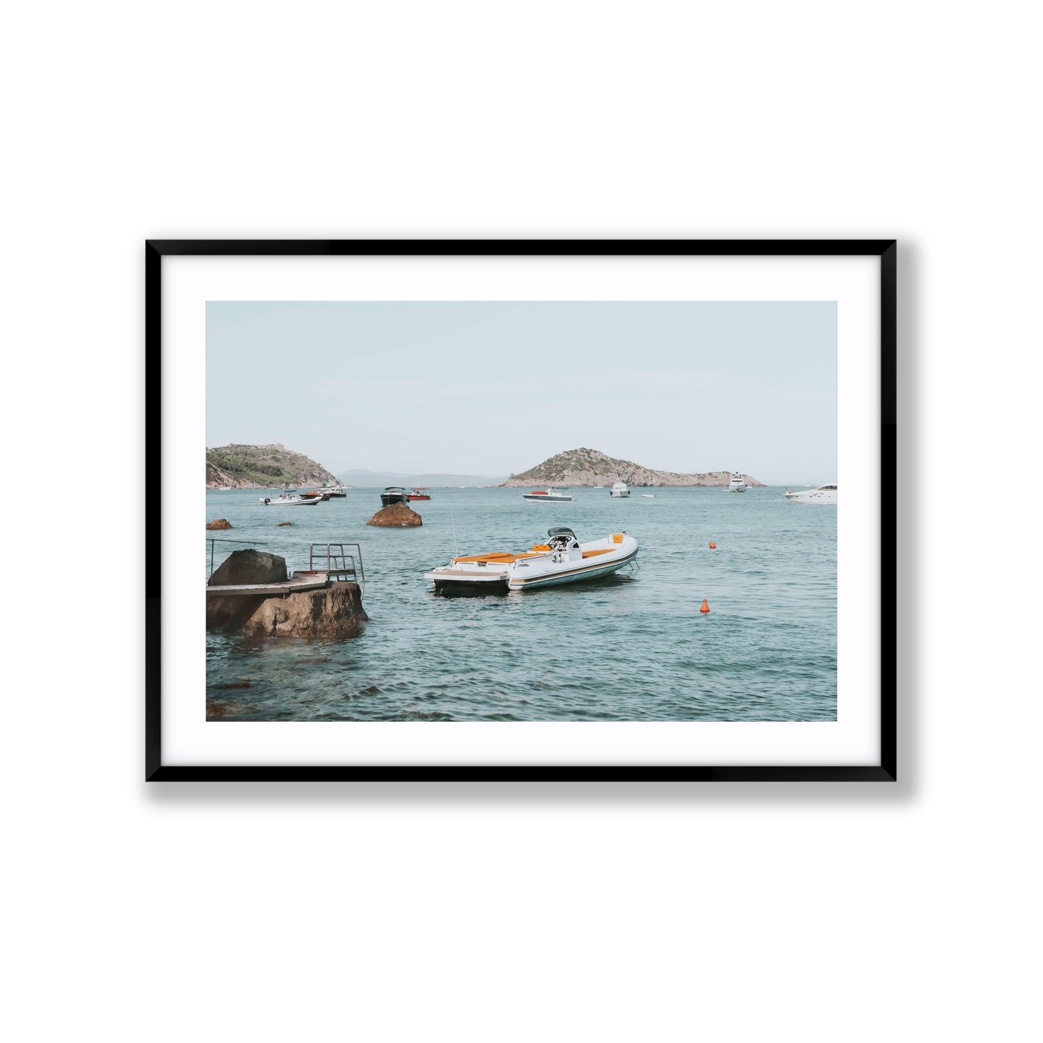 The Azure Sea Tuscany coastal Italian wall art Extra Large fine art print in black frame with matboard