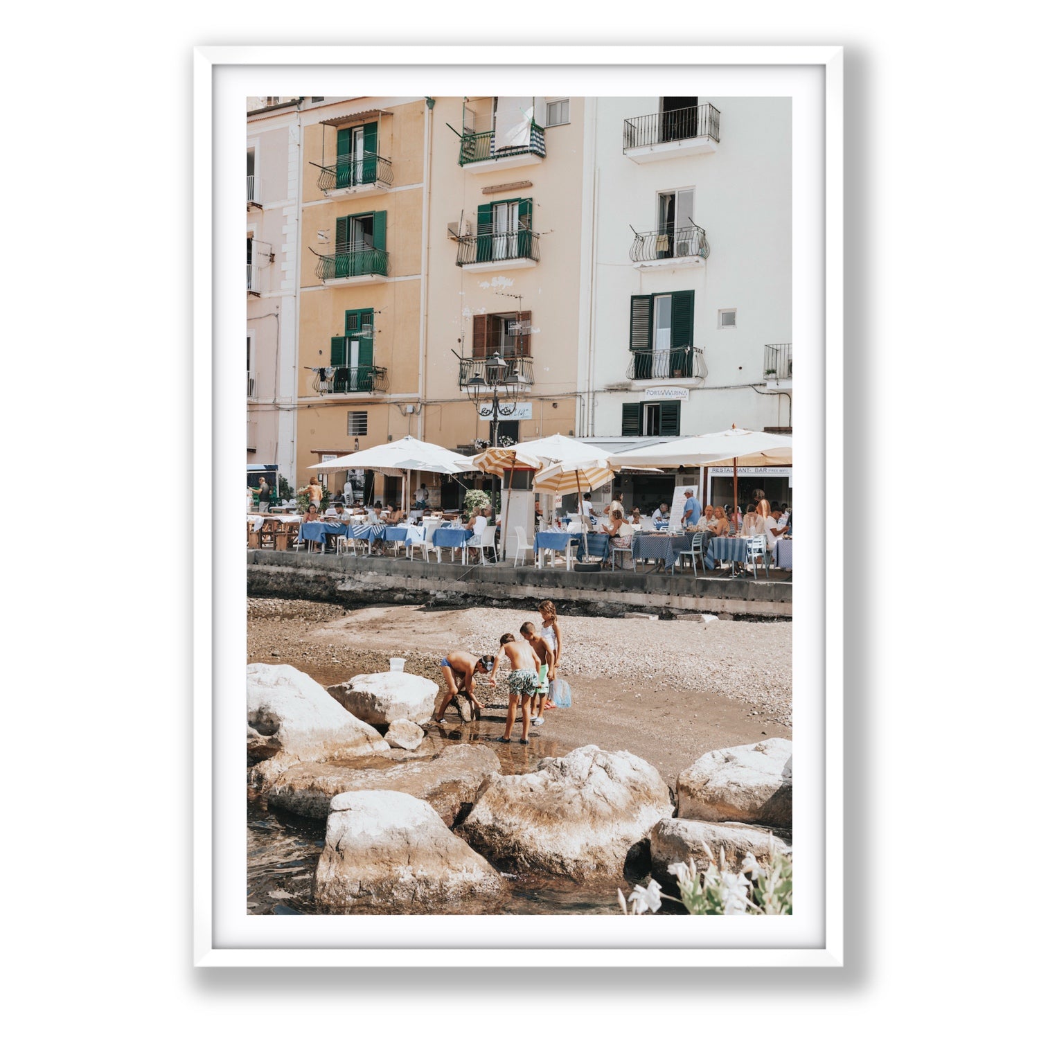 Sunny Playtime Sorrento coastal wall art Statement fine art print in white frame with matboard