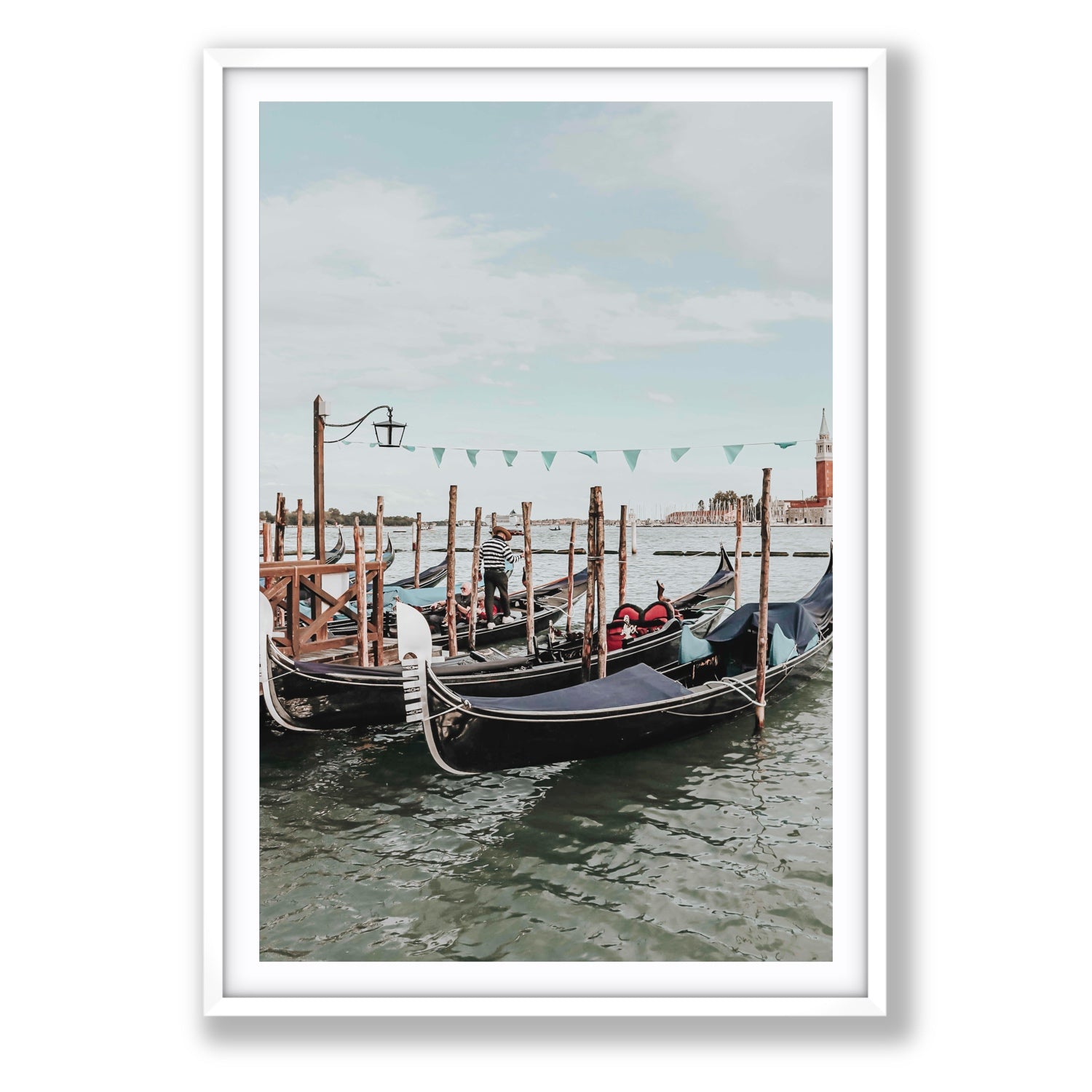 The Gondolier Venice Gondola Italian wall art Statement fine art print in white frame with matboard