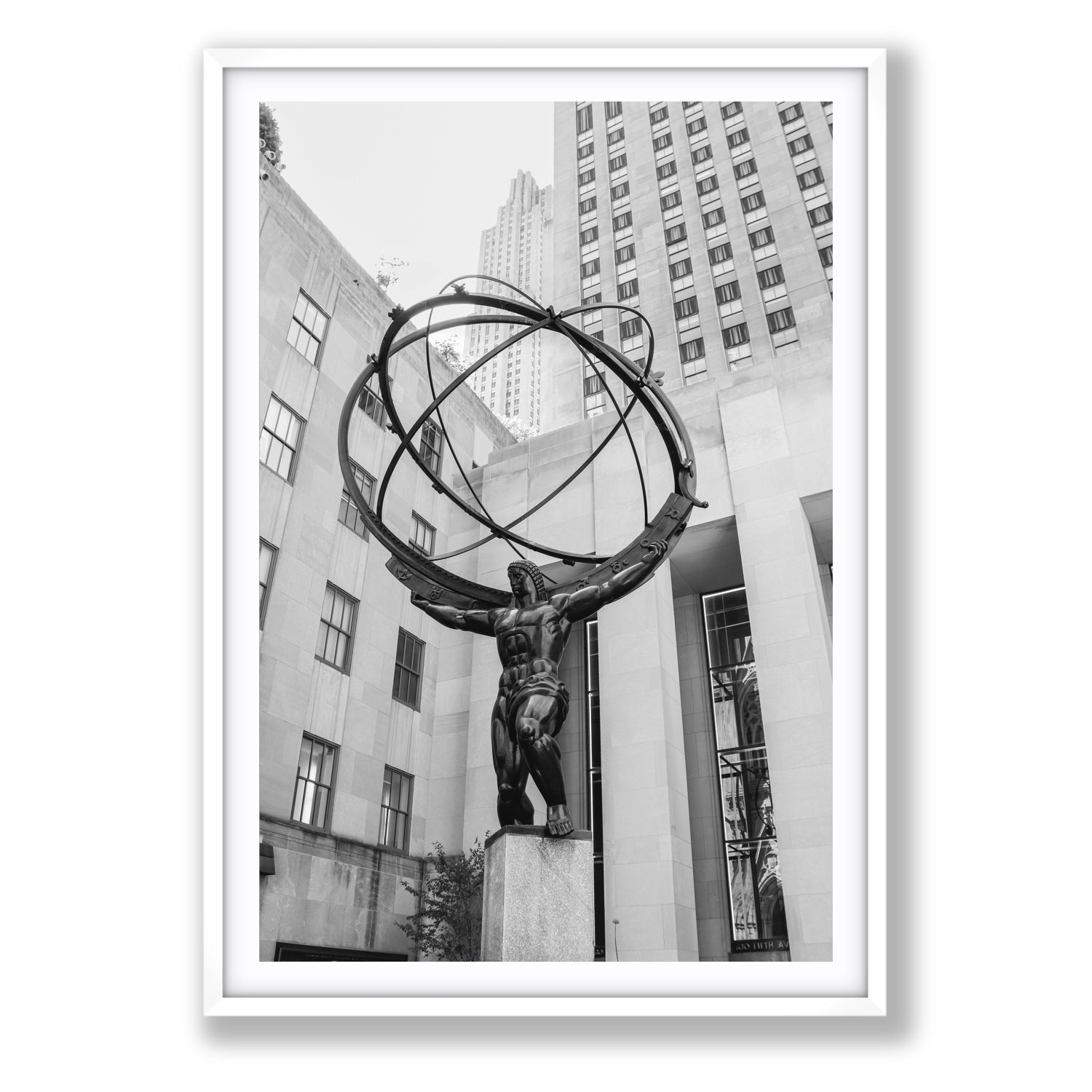 Atlas Ascends New York NYC Black & White wall art Statement fine art print in white frame with matboard