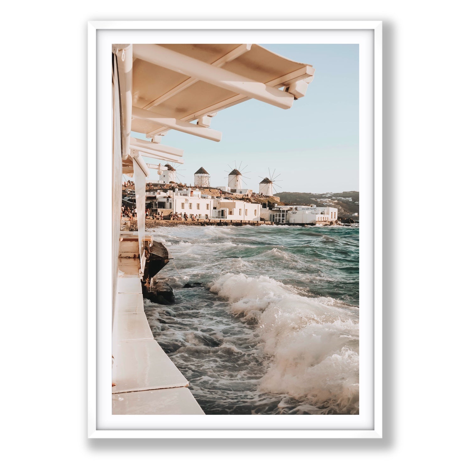 Windmills Mykonos Greek island wall art Statement fine art print in white frame with matboard
