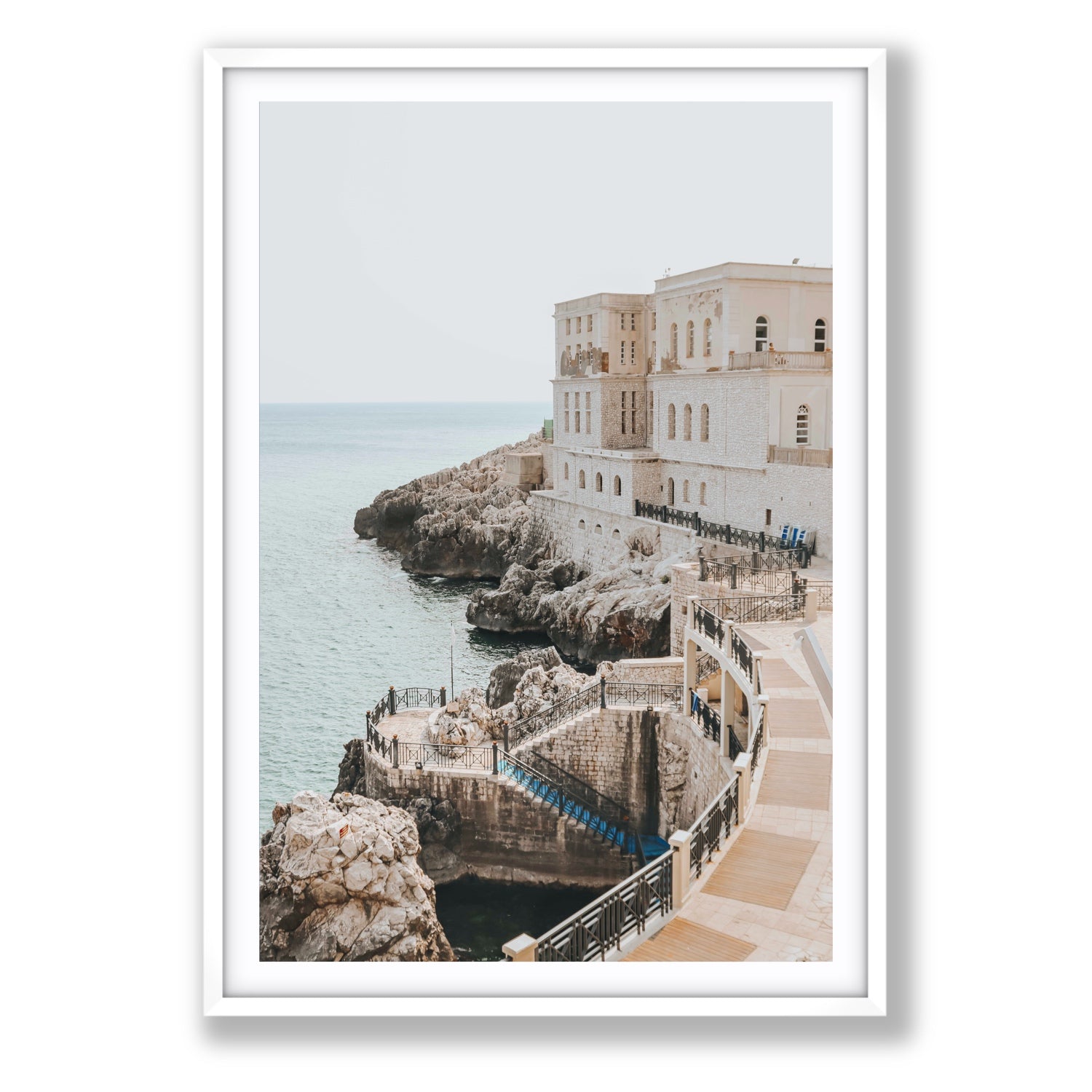 Santa Cesarea Puglia Italian coastal wall art Statement fine art print in white frame with matboard