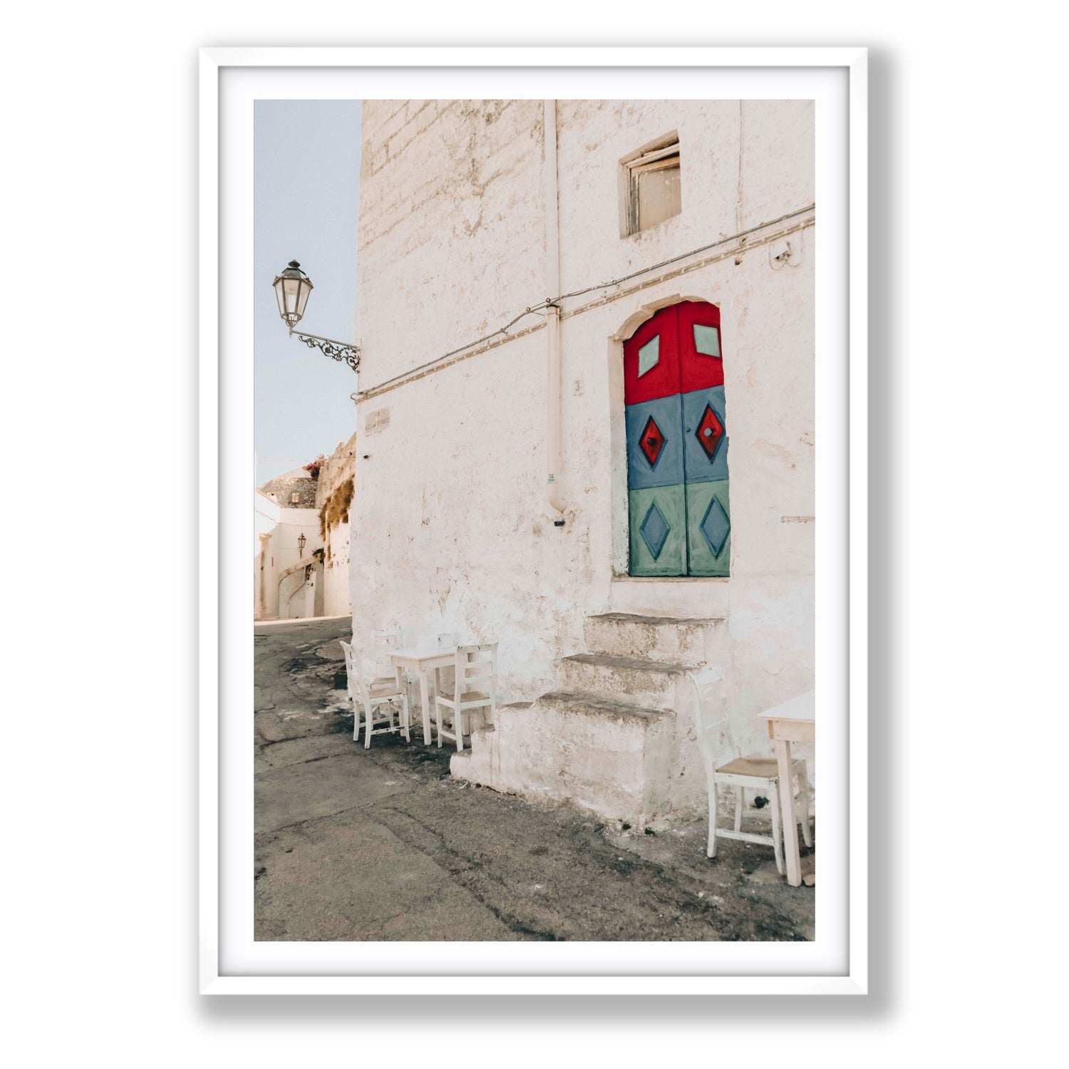 Doorway Delight Puglia Ostuni wall art Statement fine art print in white frame with matboard