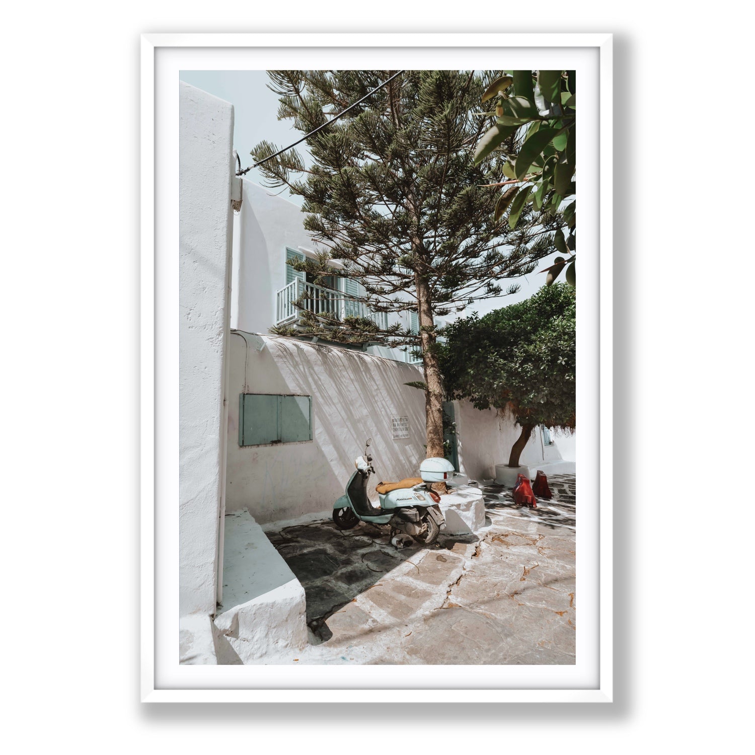 The Getaway Mykonos Mediterranean Greek island art print Statement fine art print in white frame with matboard