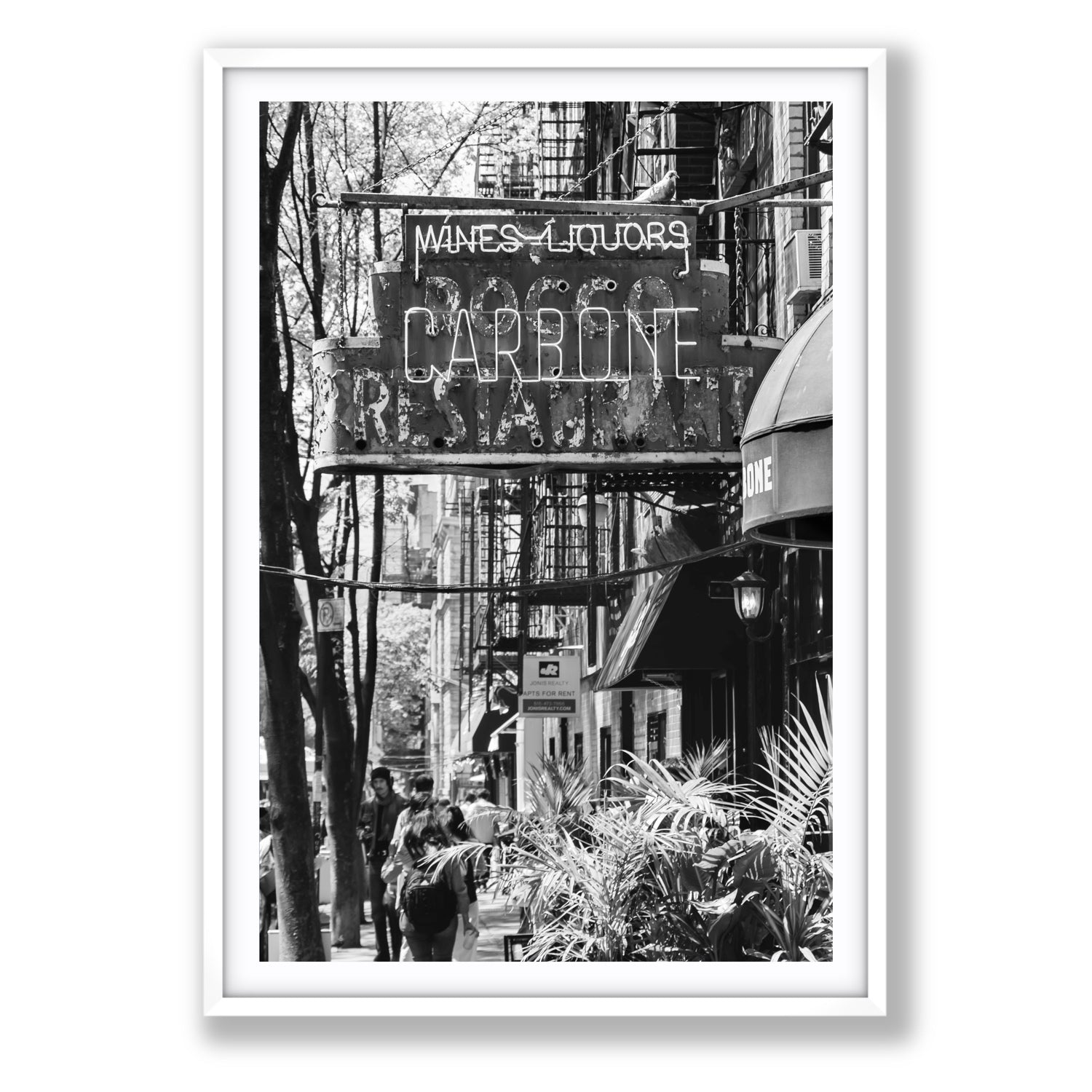 Paparazzi To Pasta New York NYC Black & White wall art Statement fine art print in white frame with matboard