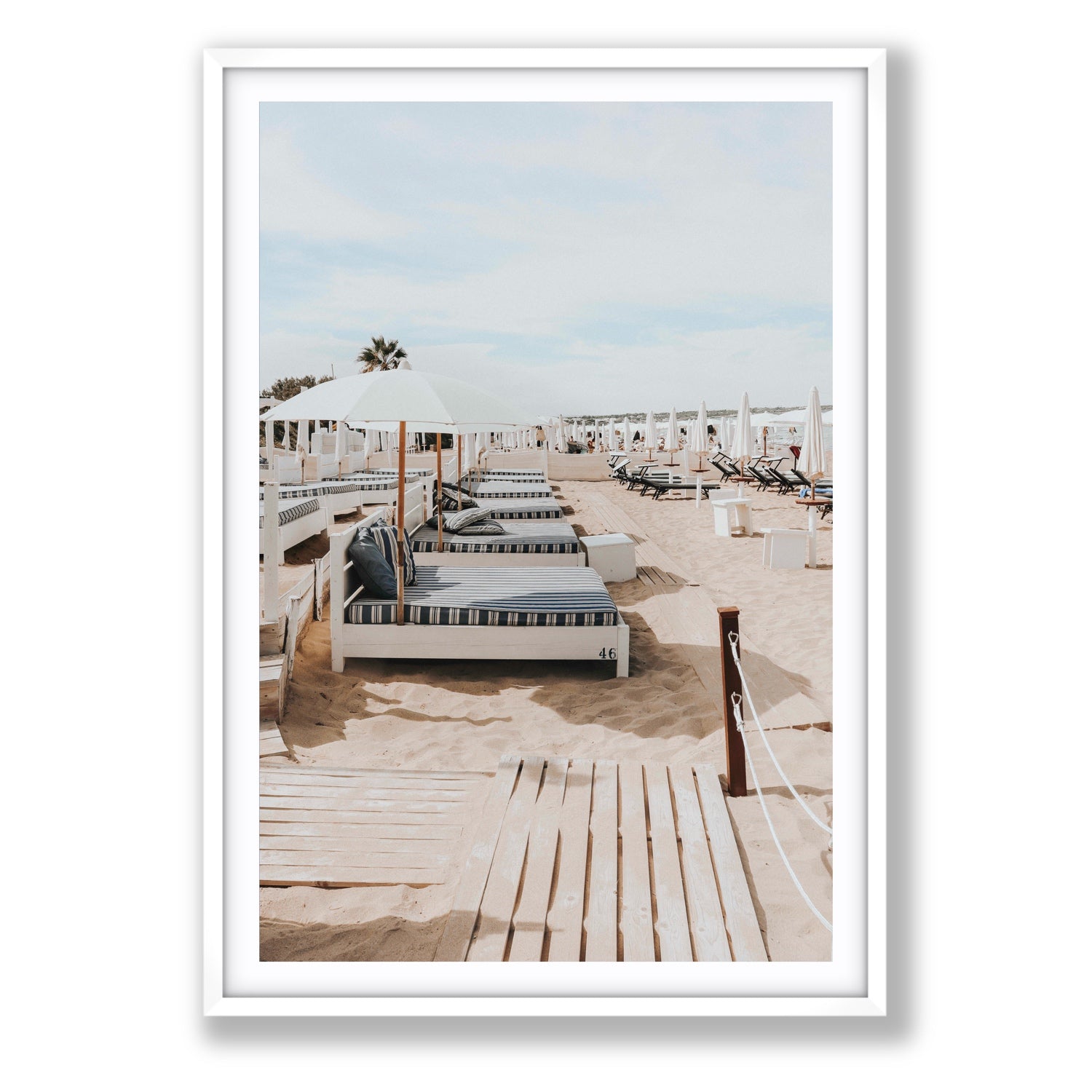 Coastal Repose Puglia beach Mediterranean fine art print Statement fine art print in white frame with matboard