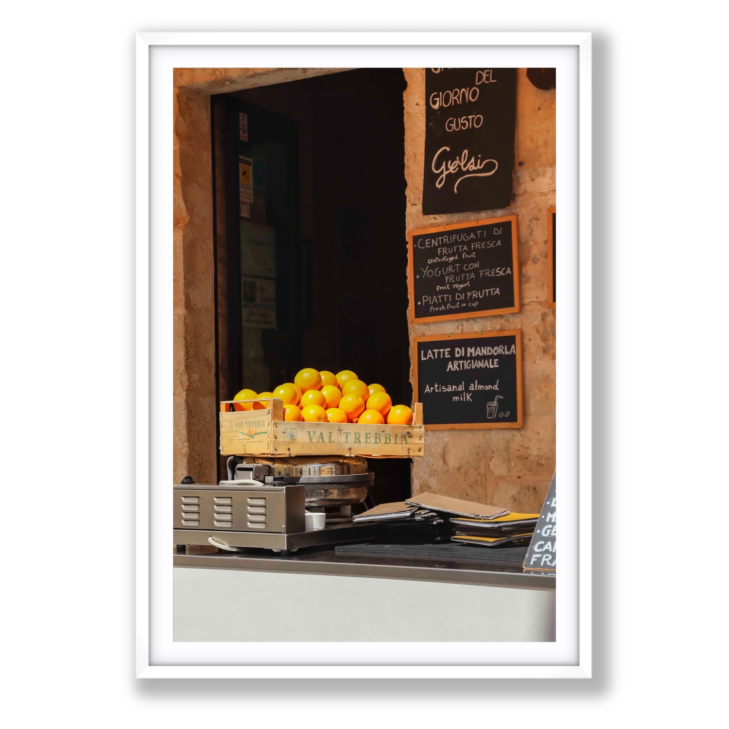 Luminous Citrus Puglia Ostuni Italian wall art Statement fine art print in white frame with matboard