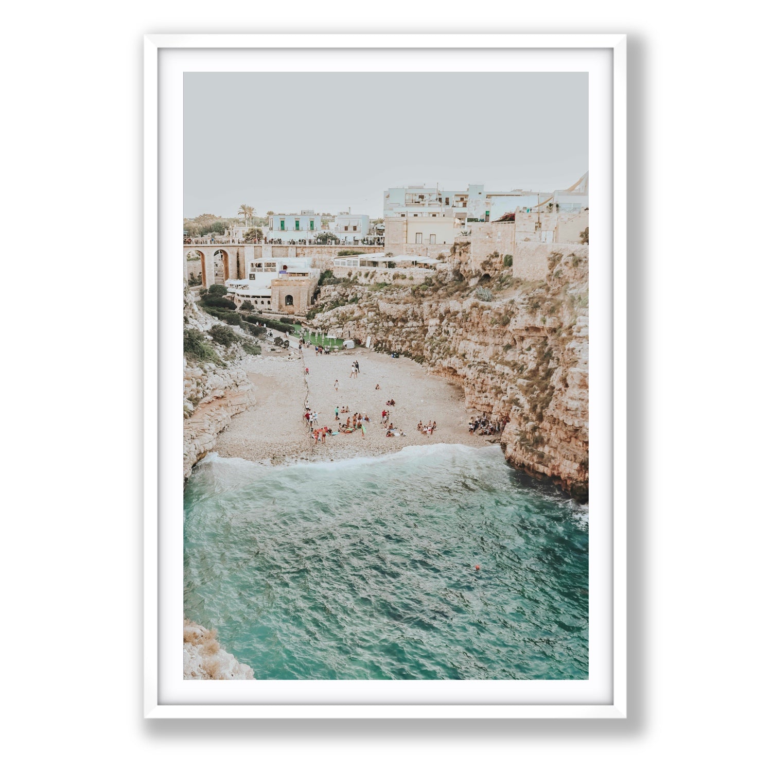 Polignano Vista Puglia coastal Italian beach fine art print Statement fine art print in white frame with matboard