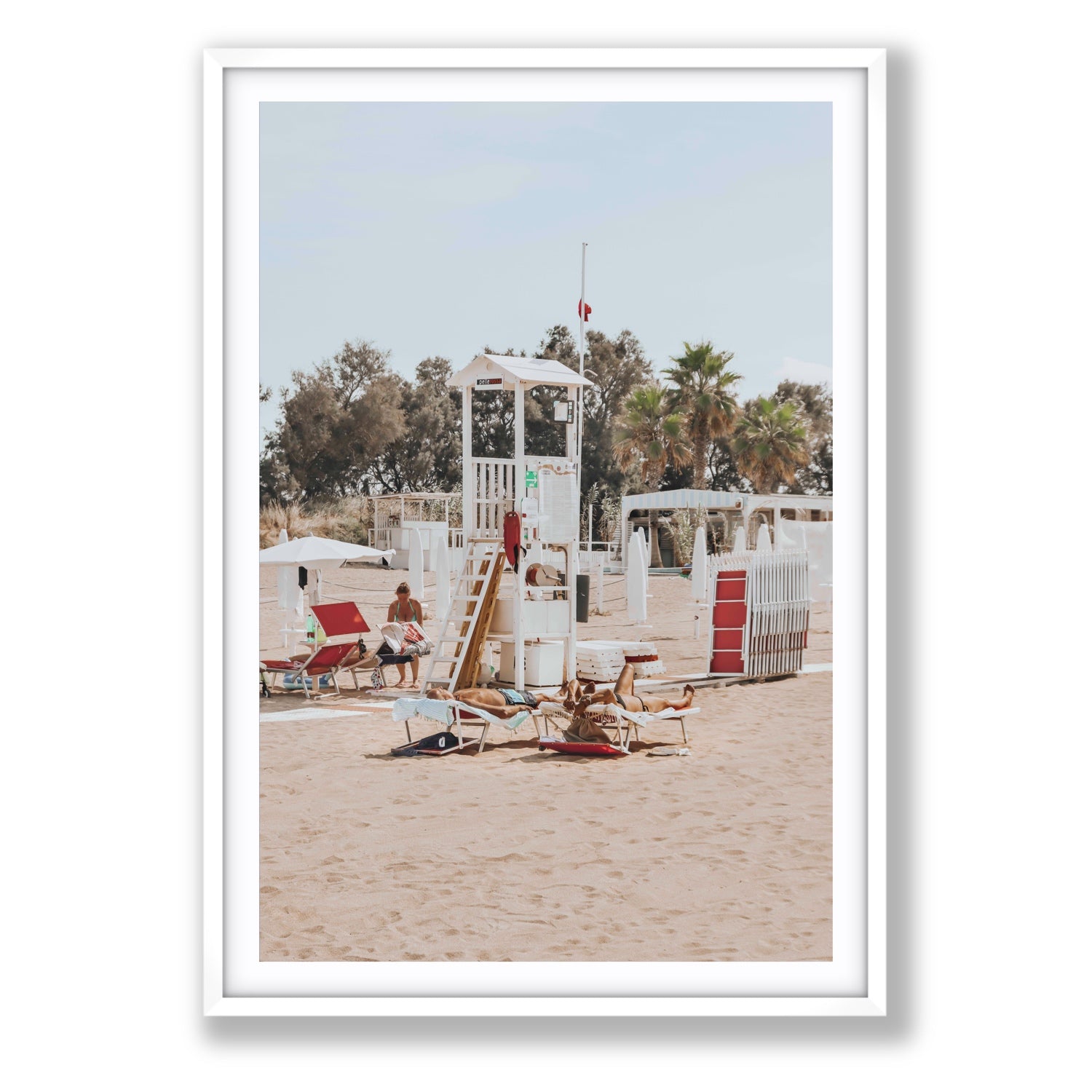 Red Lounge Reverie Puglia beach coastal wall art Statement fine art print in white frame with matboard