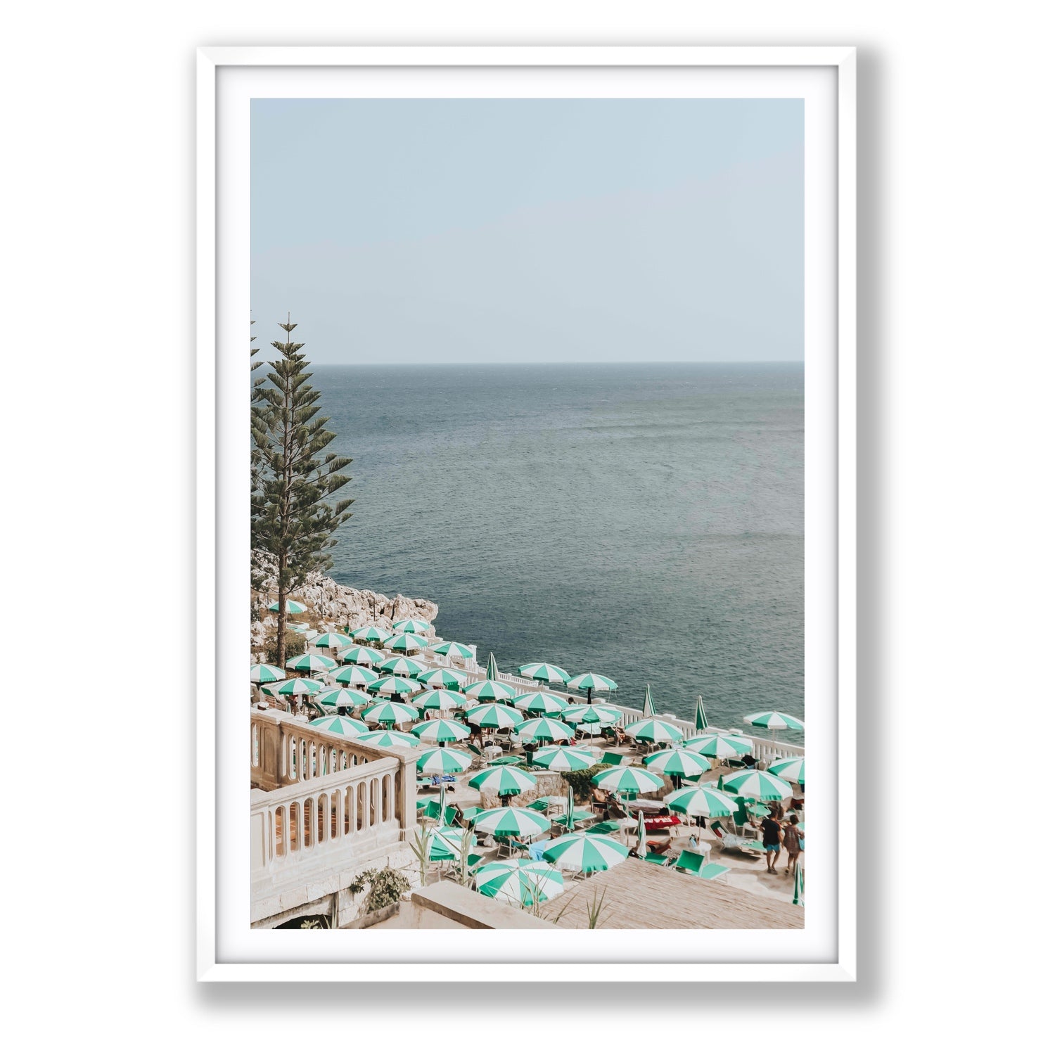 Sun-drenched Stripes Puglia beach coastal wall art Statement fine art print in white frame with matboard
