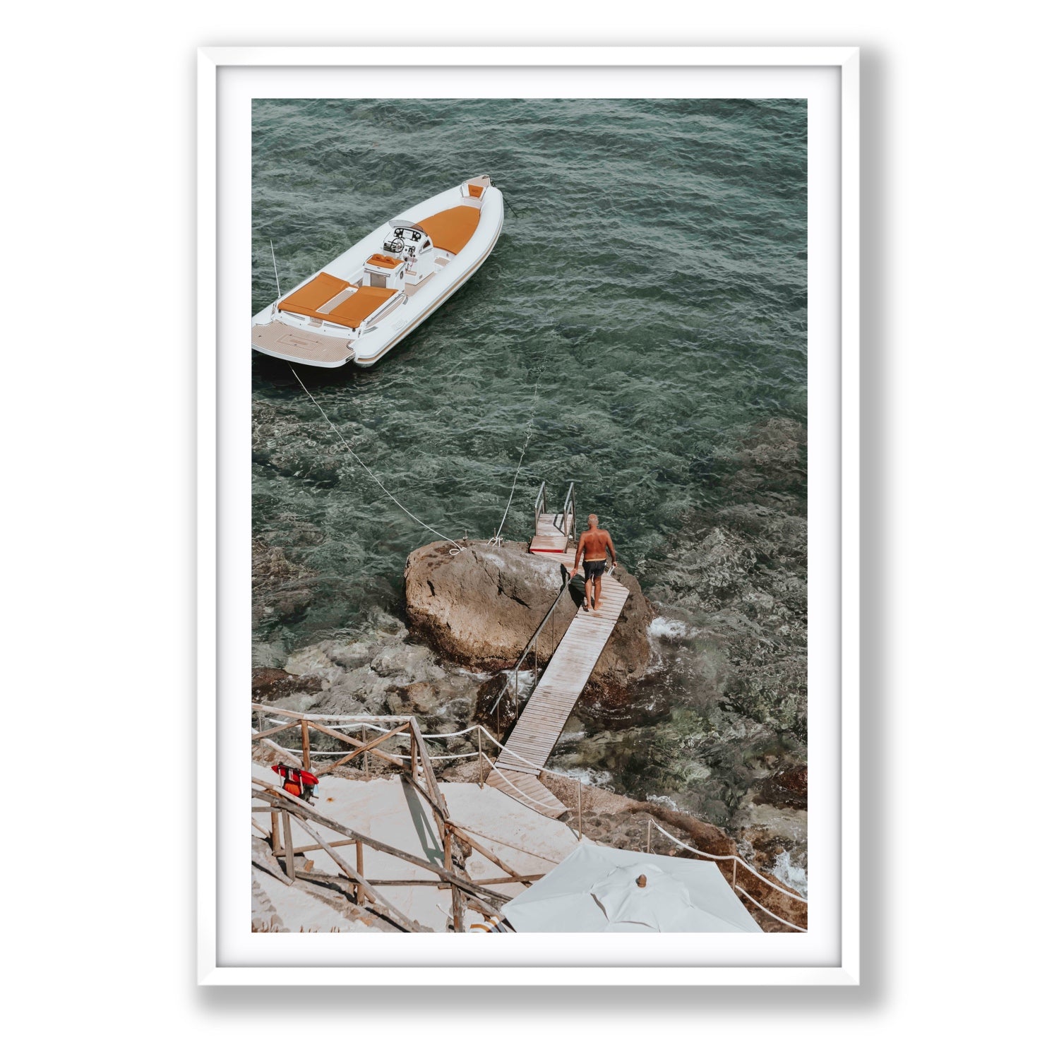 Secret Cove Tuscany coastal Italian wall art Statement fine art print in white frame with matboard