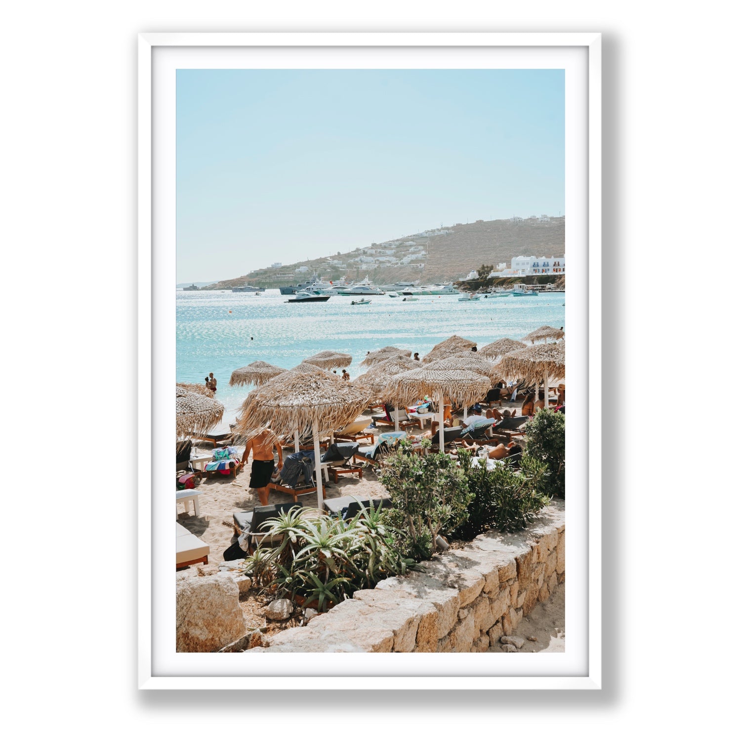 Beachside Huts Mykonos Greek island wall art Statement fine art print in white frame with matboard