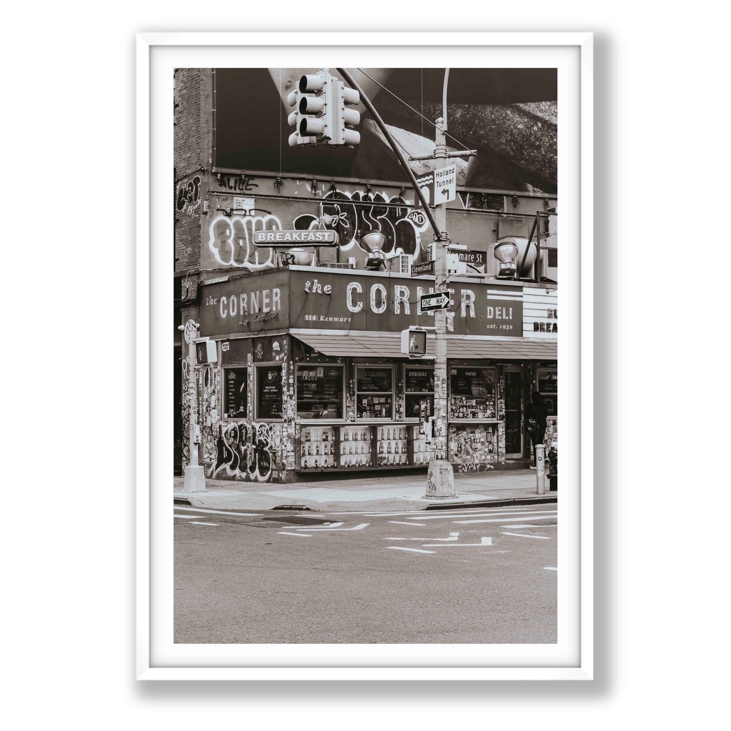 Soho Deli New York NYC Black & White wall art Statement fine art print in white frame with matboard
