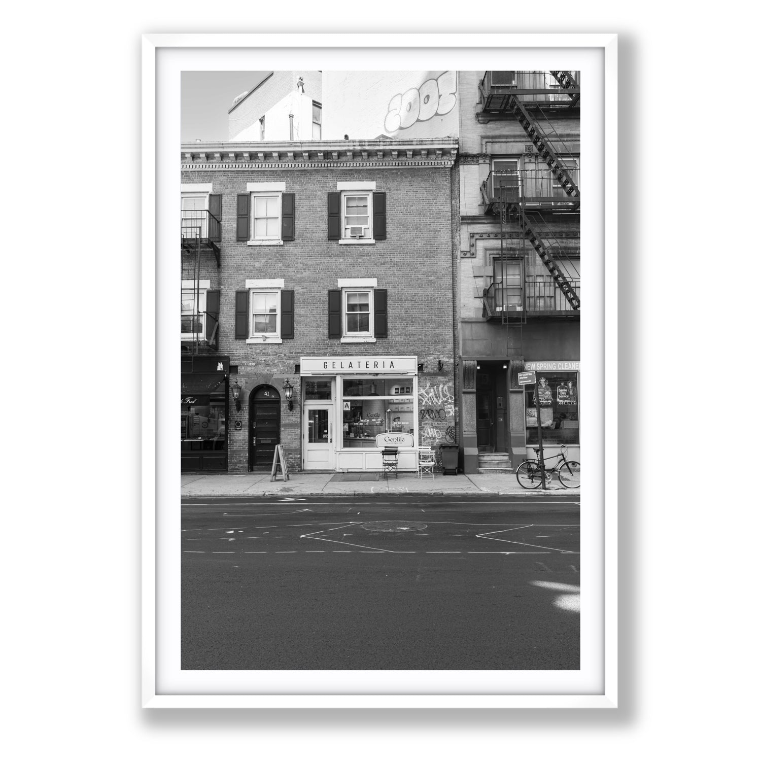 Gelateria New York NYC Black & White wall art Statement fine art print in white frame with matboard