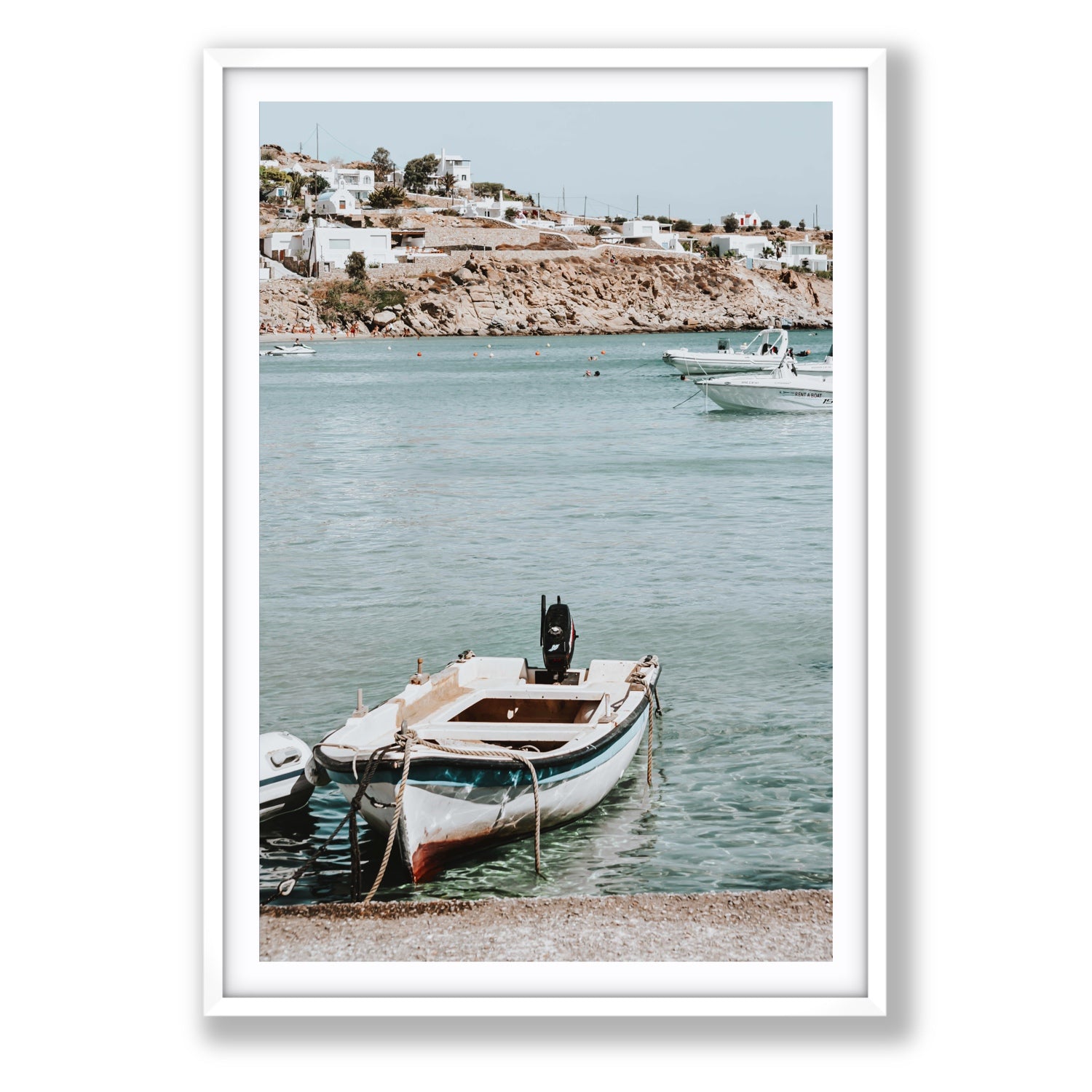Classic Wheels Mykonos Greek island wall art Statement fine art print in white frame with matboard