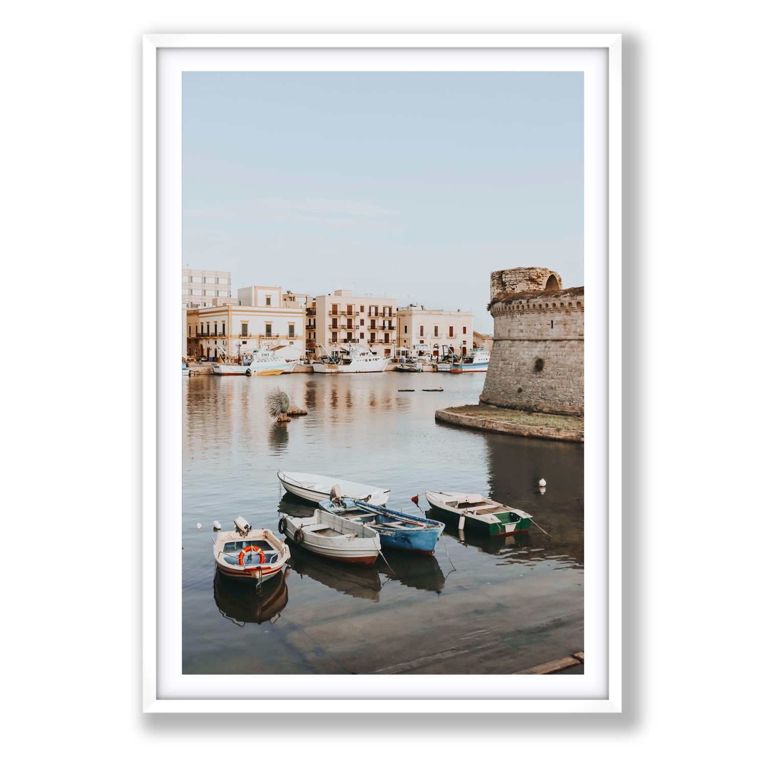 Gallipoli Harbour Puglia coastal wall art Statement fine art print in white frame with matboard