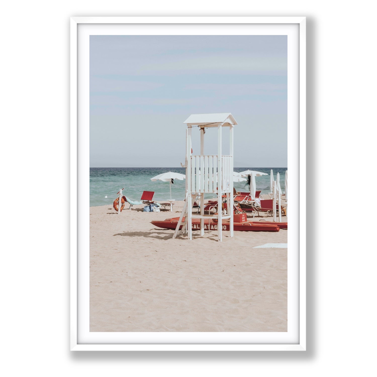 Barefoot Bliss Puglia beach Italian coastal decor wall art Statement fine art print in white frame with matboard