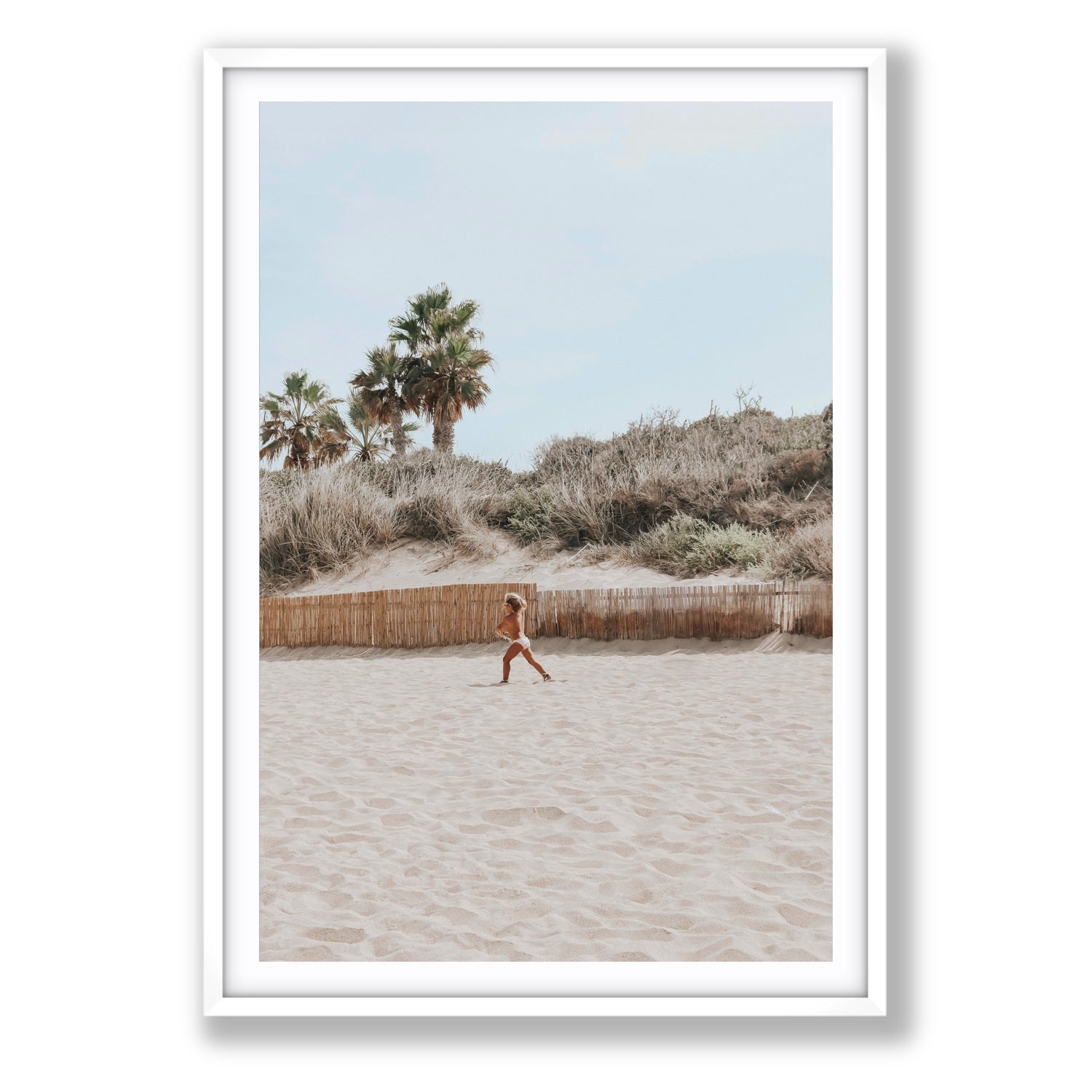 Joyful Sprint Puglia beach coastal fine art print Statement fine art print in white frame with matboard