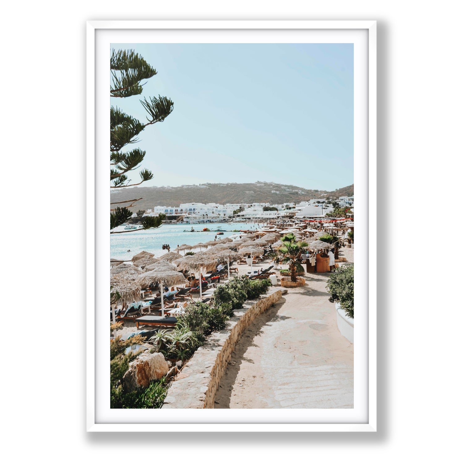 All Roads Lead To The Beach Mykonos Greek island wall art Statement fine art print in white frame with matboard