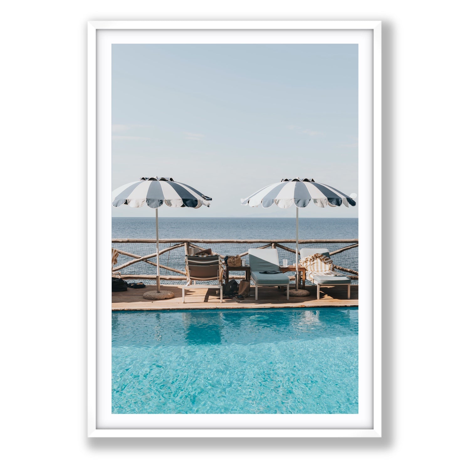 Beach Retreat fine art print, Ischia, Italy, european beach clubs artwork, Statement, White Frame · Matboard, Fine Art Print