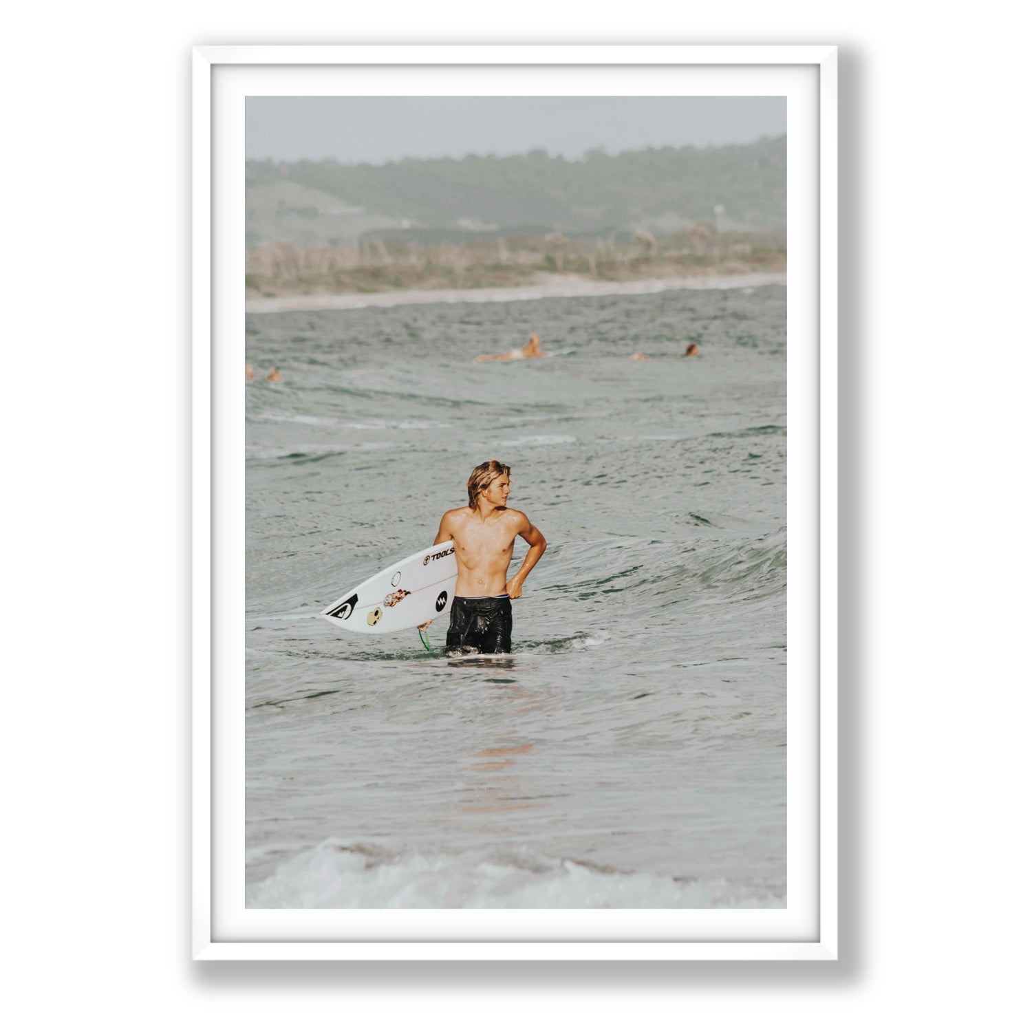 Chasing Mavericks Byron Bay Surf coastal wall art Statement fine art print in white frame with matboard