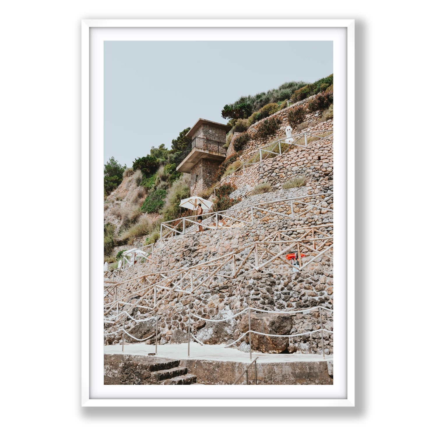 Solitude by the Sea Tuscany coastal Italian wall art Statement fine art print in white frame with matboard