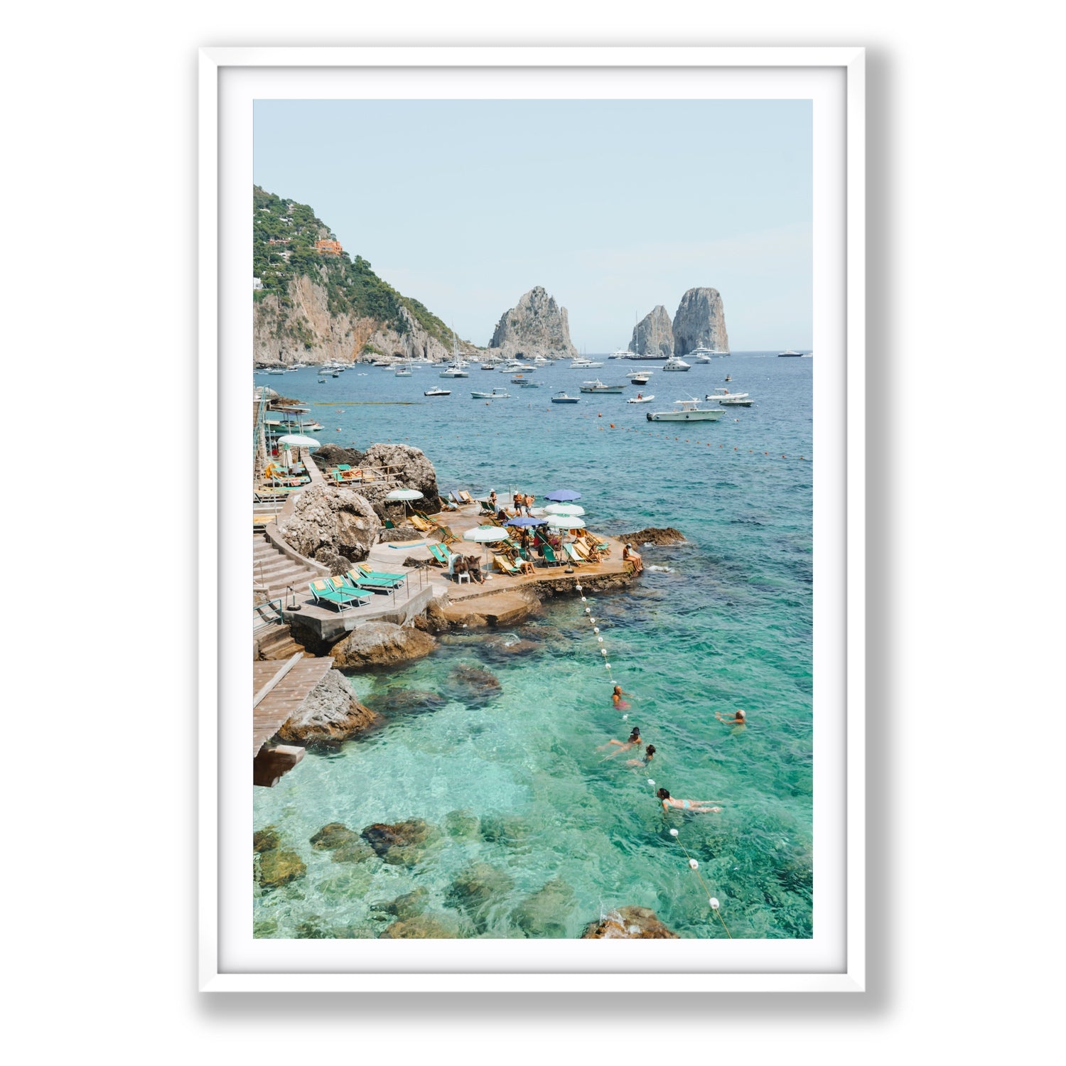 Summertime Blues Capri Mediterranean wall art Statement fine art print in white frame with matboard