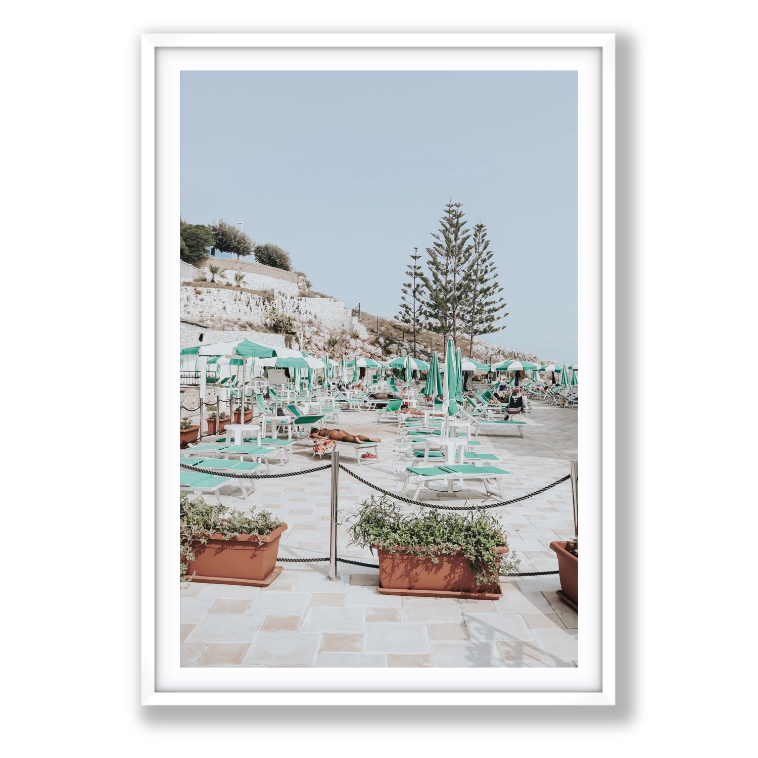 Siesta on The Terrace Puglia coastal wall art Statement fine art print in white frame with matboard